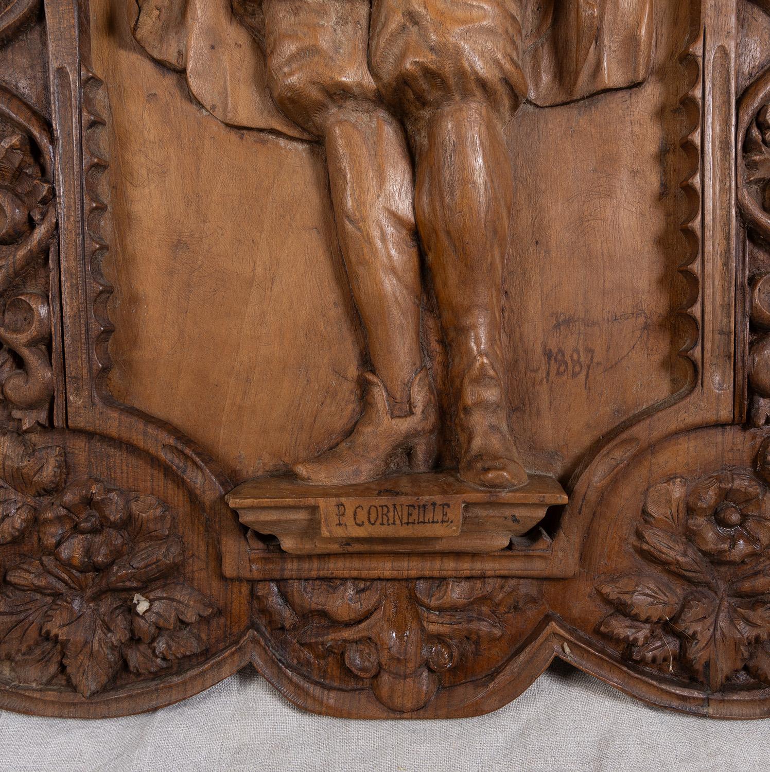 Geschnitzte Tafel aus französischem Nussbaumholz - Dramatiker Pierre Corneille (1606-1684), datiert 1887 im Angebot 2