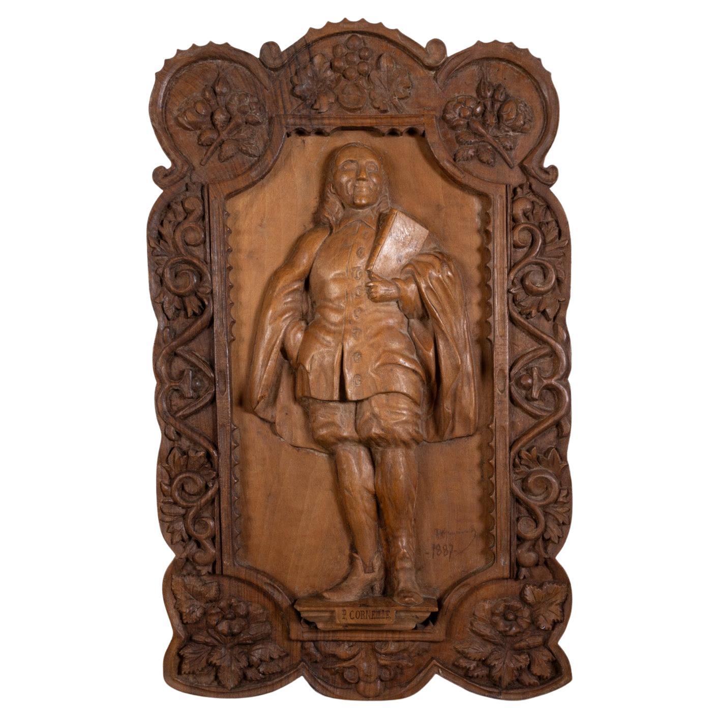 Geschnitzte Tafel aus französischem Nussbaumholz - Dramatiker Pierre Corneille (1606-1684), datiert 1887