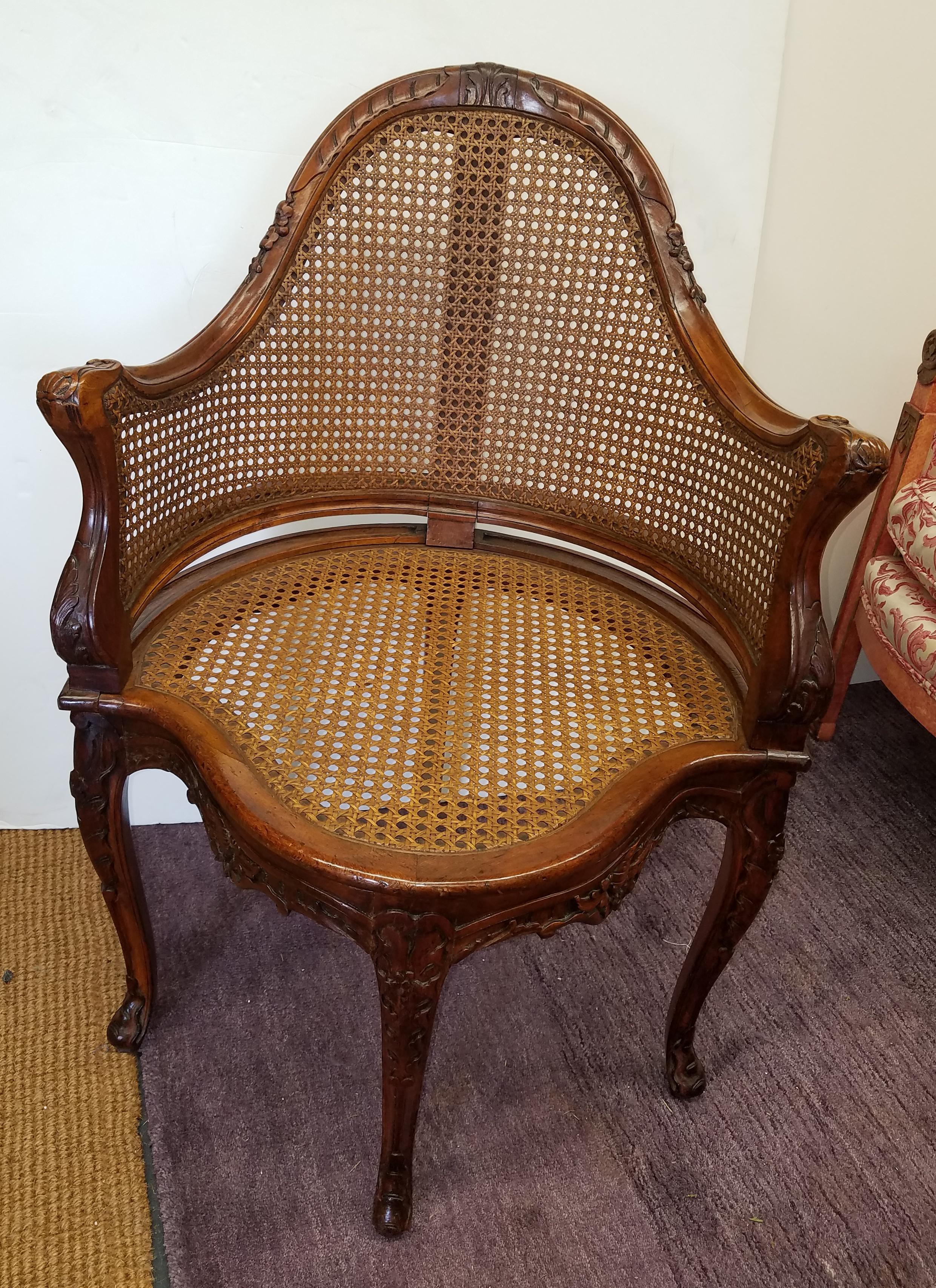 Louis XV Carved Fruitwood French Cane Corner Chair