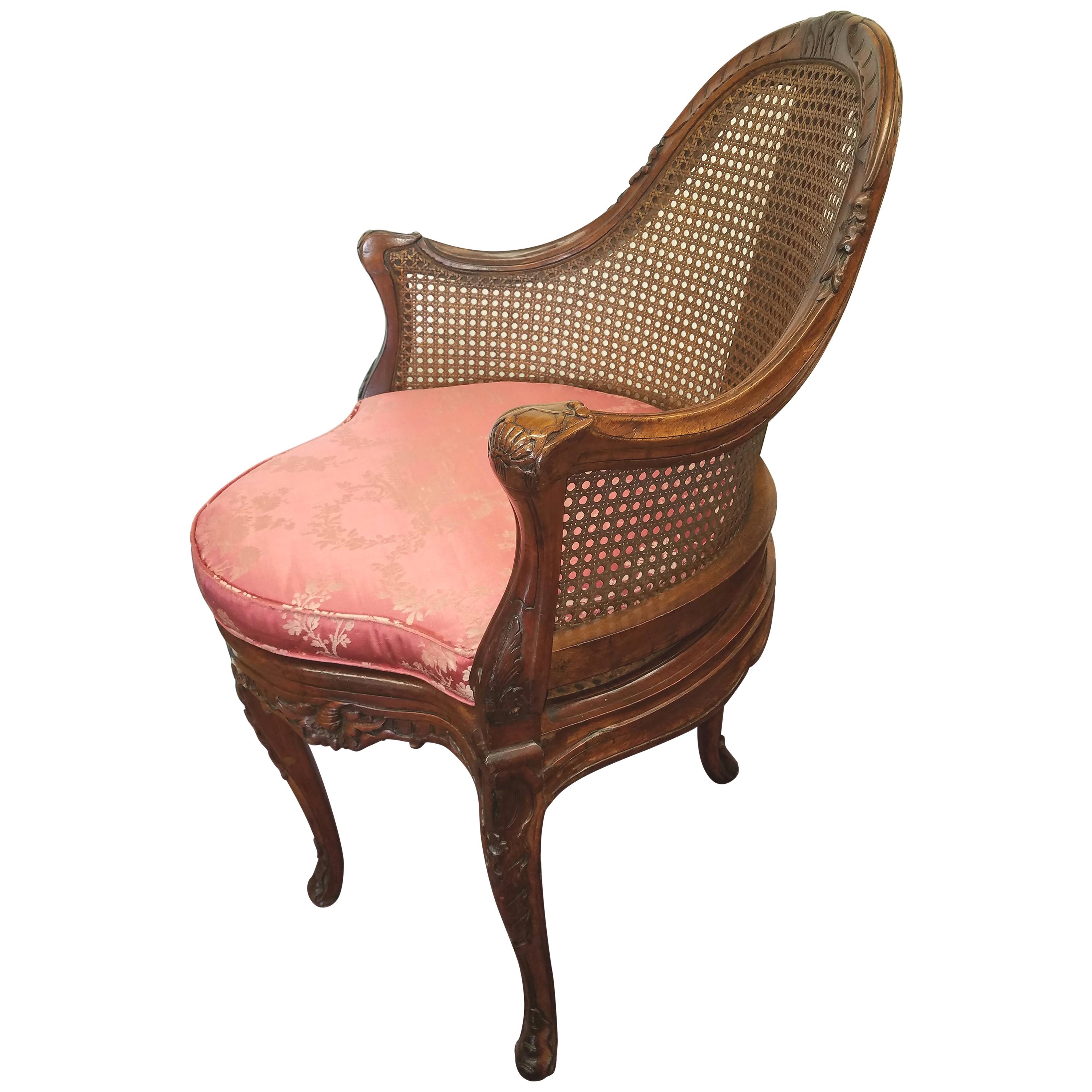 Carved Fruitwood French Cane Corner Chair