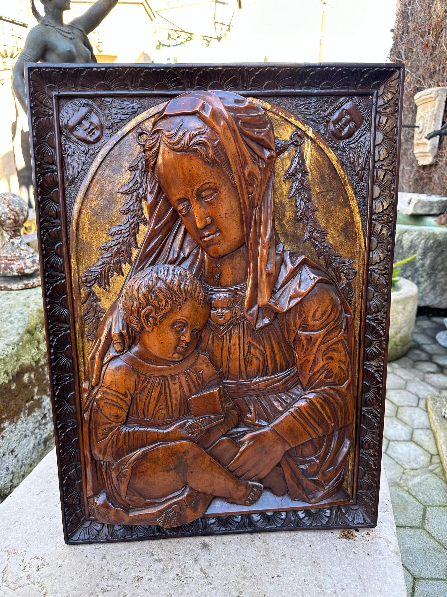 Wood Carved Fruitwood Plaque of Virgin and Child Madonna, after Donatello Sculpture For Sale