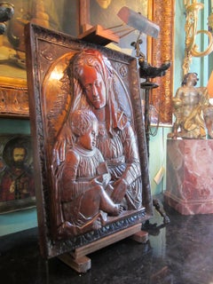 Carved Fruitwood Plaque of Virgin and Child Madonna, after Donatello Sculpture
