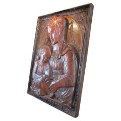 Carved Fruitwood Plaque of Virgin and Child Madonna, after Donatello Sculpture