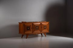 Carved Fruitwood Sideboard with Marble Top, France, 1940s