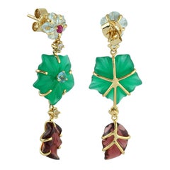Carved Garnet Onyx Topaz 18 Karat Gold Flower Earrings