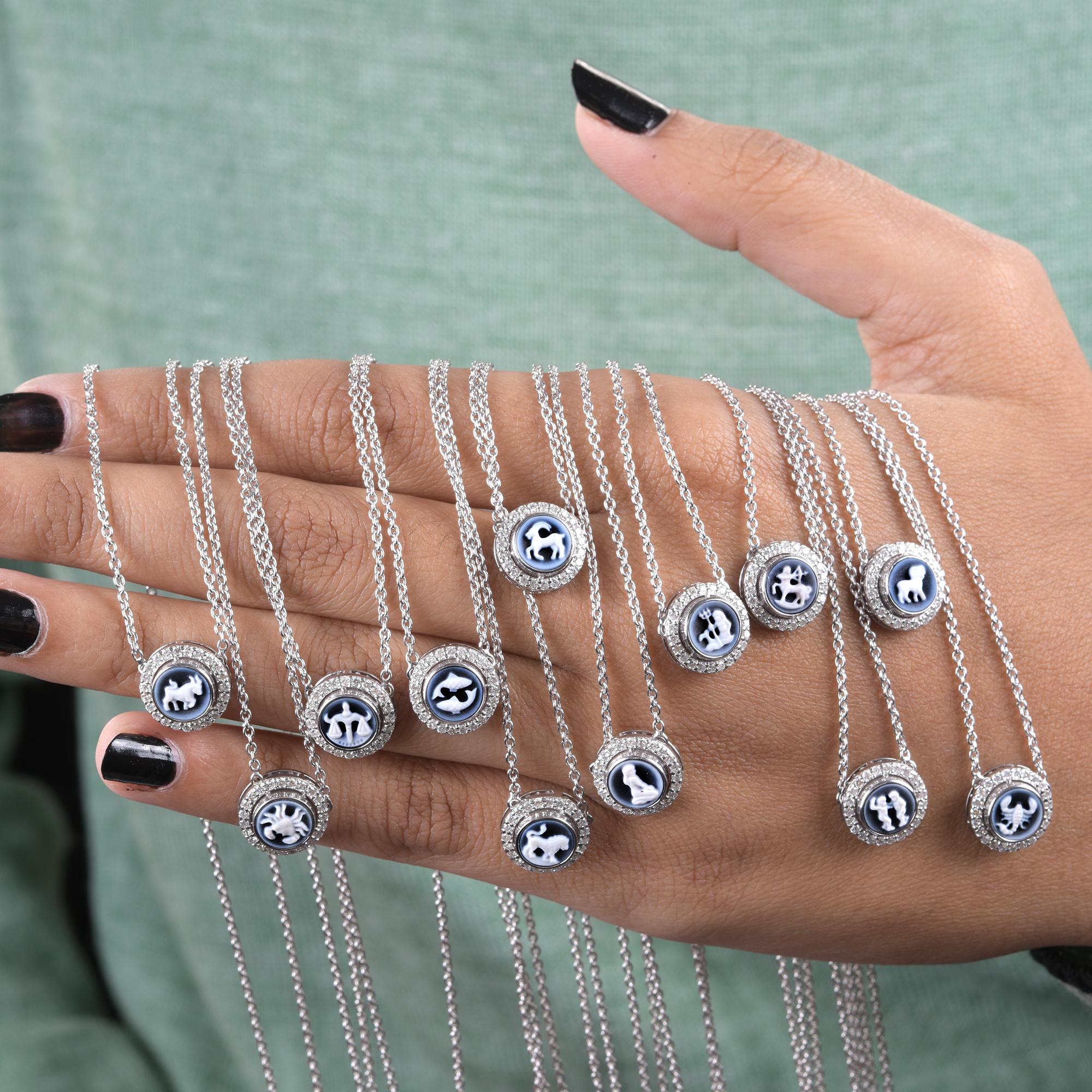 Modern Carved Gemini Zodiac with Diamond Halo Charm Pendant Necklace 14K White Gold For Sale