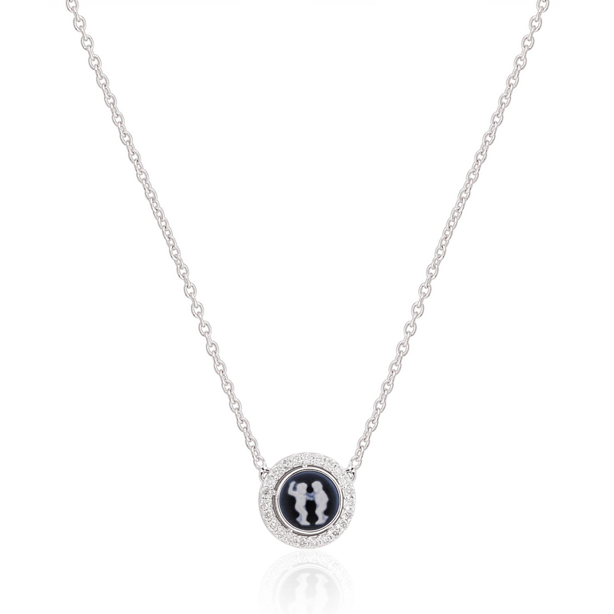 Carved Gemini Zodiac with Diamond Halo Charm Pendant Necklace 14K White Gold In New Condition For Sale In Diera, Dubai