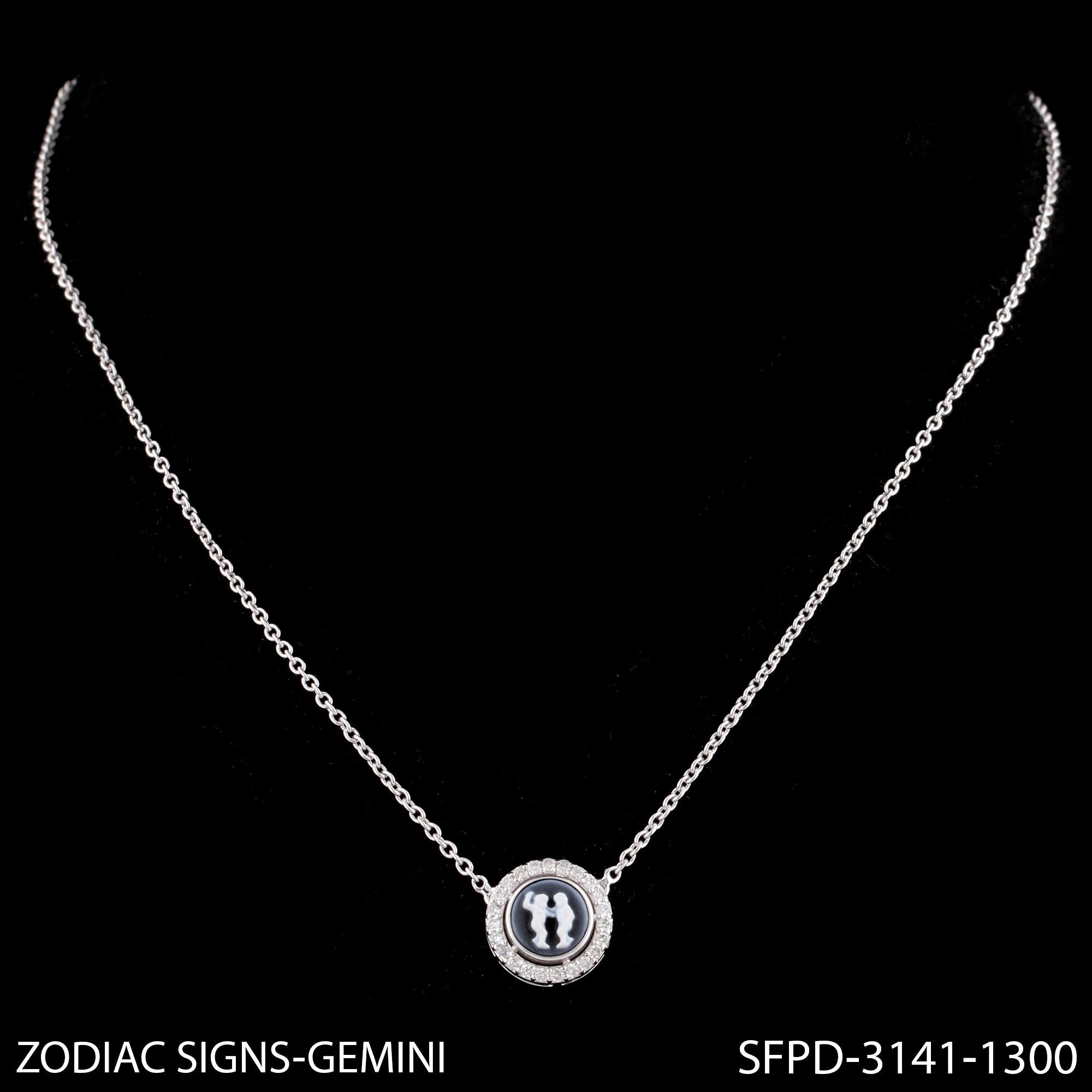 Carved Gemini Zodiac with Diamond Halo Charm Pendant Necklace 14K White Gold For Sale 2