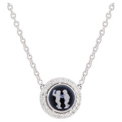 Carved Gemini Zodiac with Diamond Halo Charm Pendant Necklace 14K White Gold