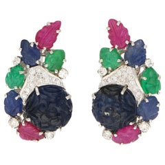 Carved Gems 6.33 Carat Sapphire, Ruby, Emerald, Diamond Earrings, 18 Karat Gold Carved Gems 6.33 Carat Sapphire, Ruby, Emerald, Diamond Earrings, 18 Karat Gold