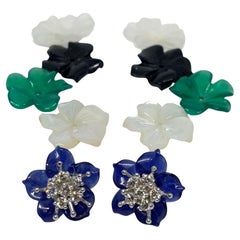 Carved Gemstone Flower Earring Jacket Set with Diamond and Gold Stamen Posts
