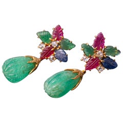 Carved Gemstones and Yellow Diamond Earring in 18 Karat Yellow Gold