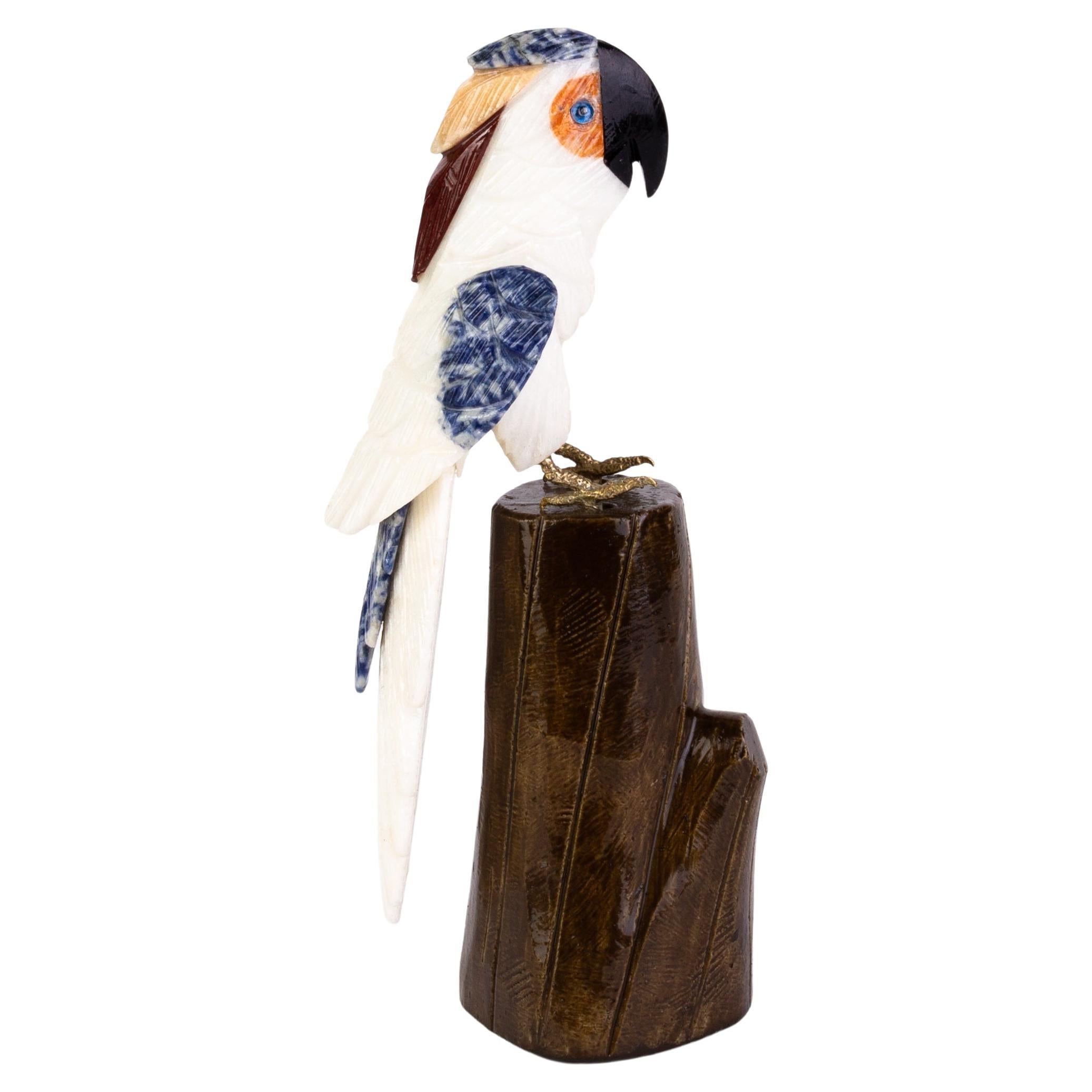 Carved Geode Gemstone Hardstone Exotic Parakeet Bird Sculpture  For Sale