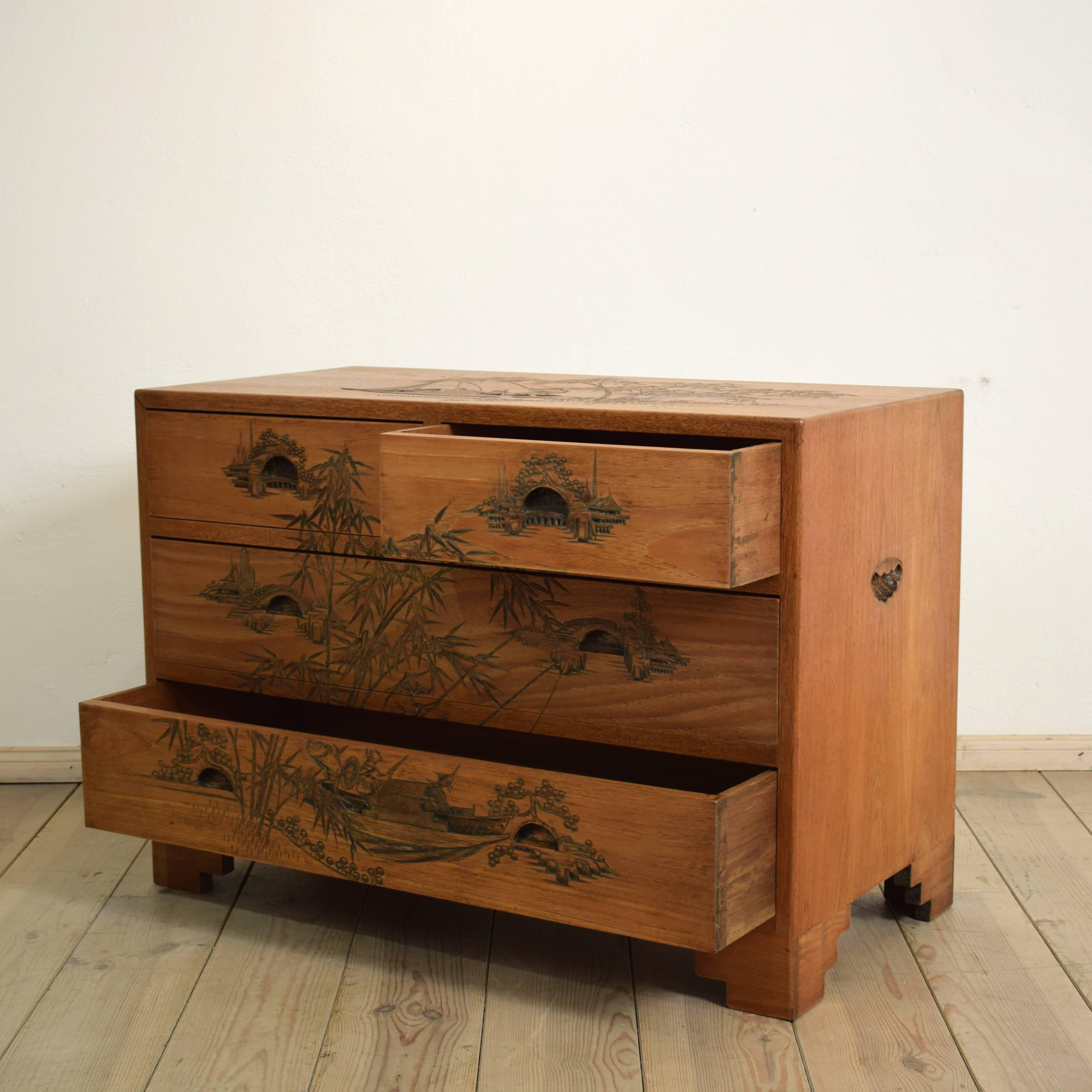 Carved German Colonial Asian Brown Art Deco Chest of Drawers from the 1920s 1