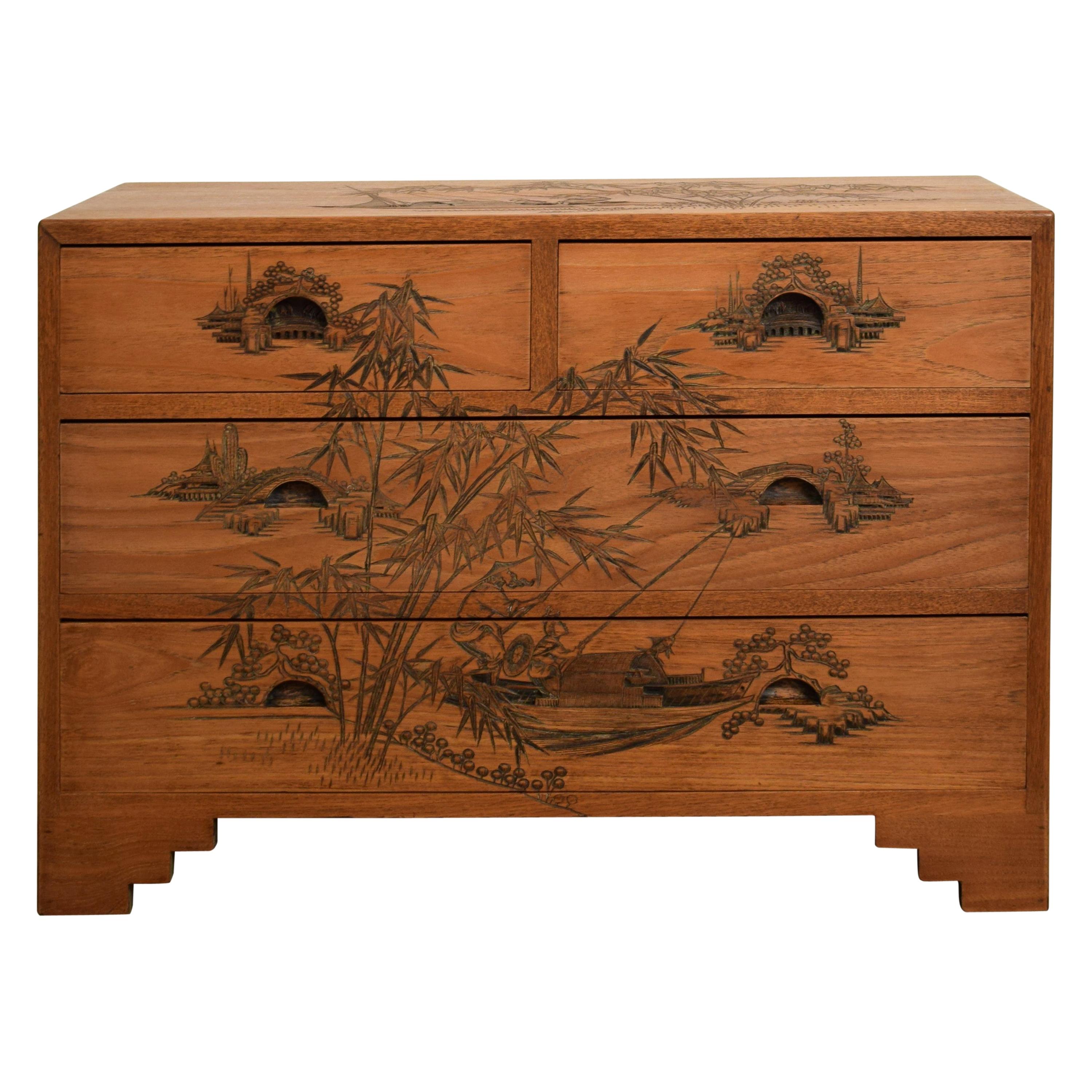 Carved German Colonial Asian Brown Art Deco Chest of Drawers from the 1920s