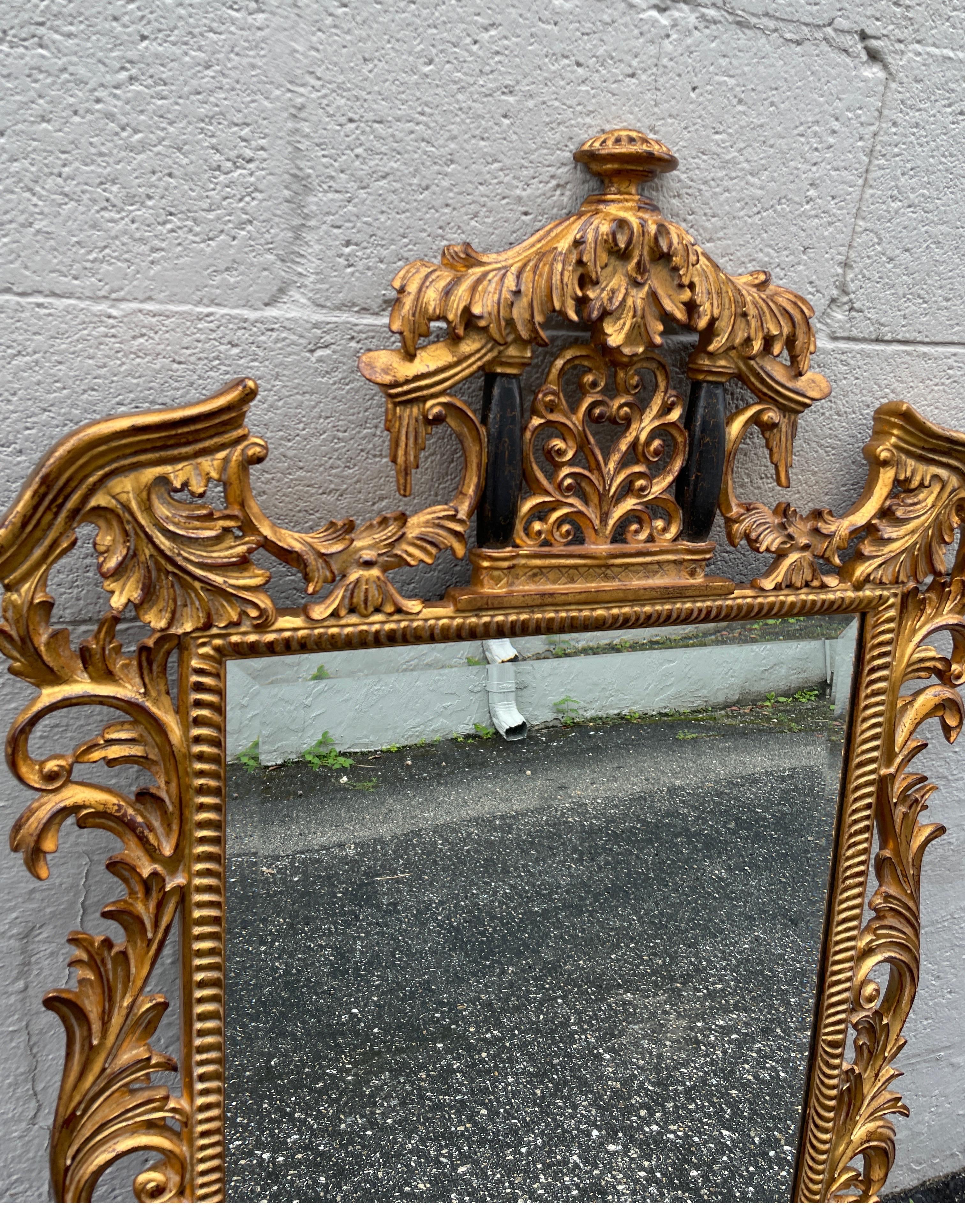 Carved & Gilded Pagoda Style Mirror by Dauphine Mirror Co. In Good Condition In West Palm Beach, FL