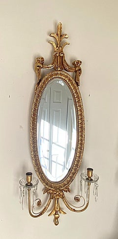 Carved Gilt Adam Style Oval Mirror with Candle Sconses and Bevel Glass