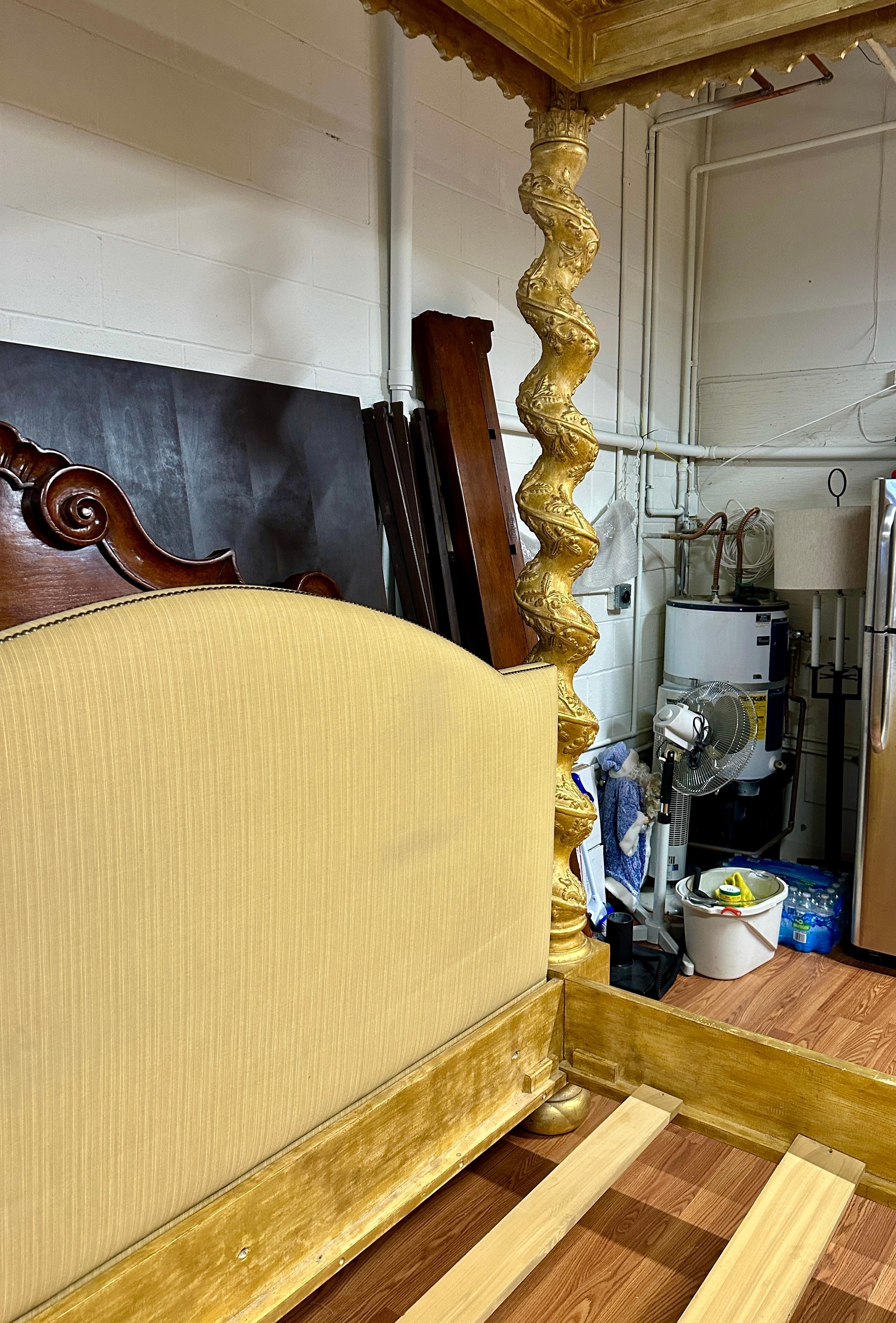 Hand-Crafted Carved Gilt Italian 4 Poster Canopy Bed