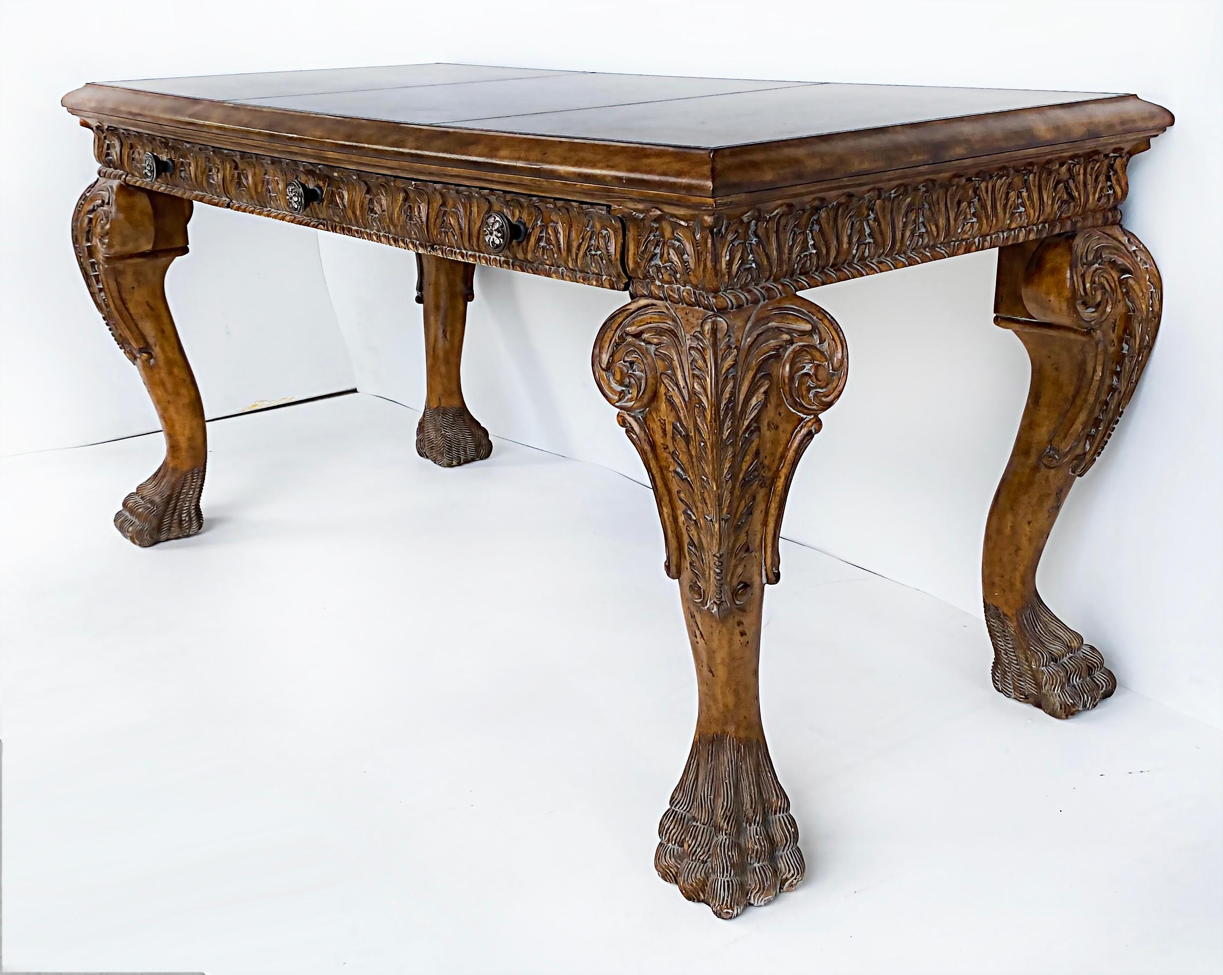 Philippine Carved Gilt Leather Writing Desk with Hairy Paw Feet, Maitland-Smith Attributed