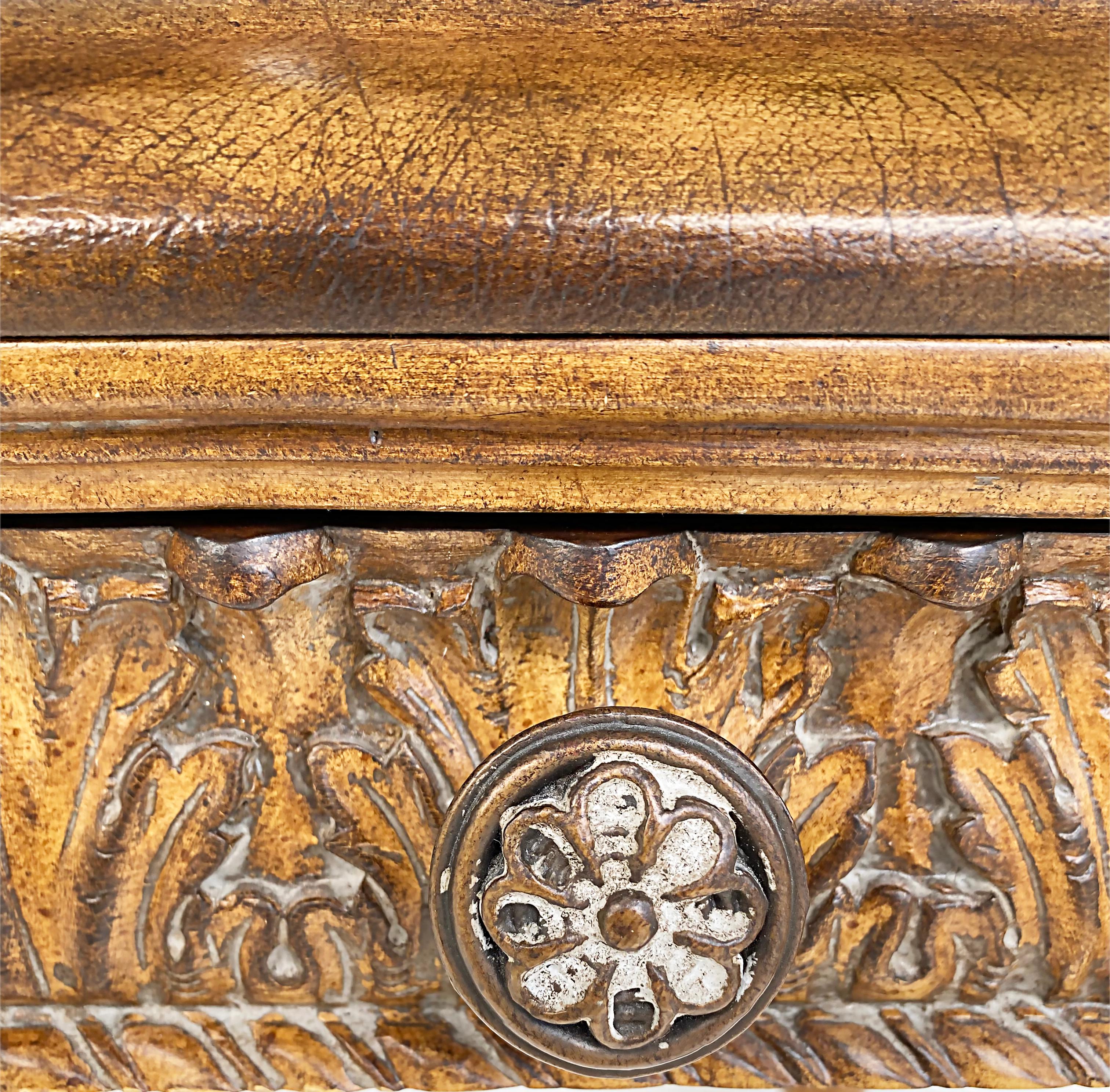 Carved Gilt Leather Writing Desk with Hairy Paw Feet, Maitland-Smith Attributed In Good Condition In Miami, FL