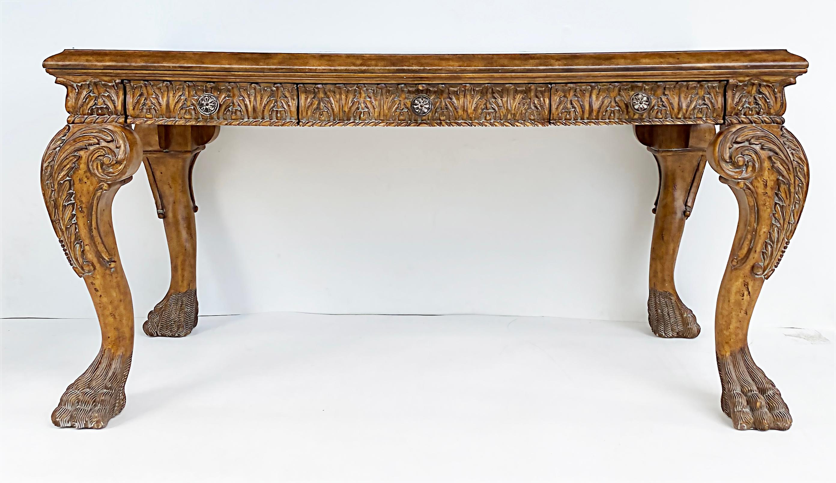 Contemporary Carved Gilt Leather Writing Desk with Hairy Paw Feet, Maitland-Smith Attributed