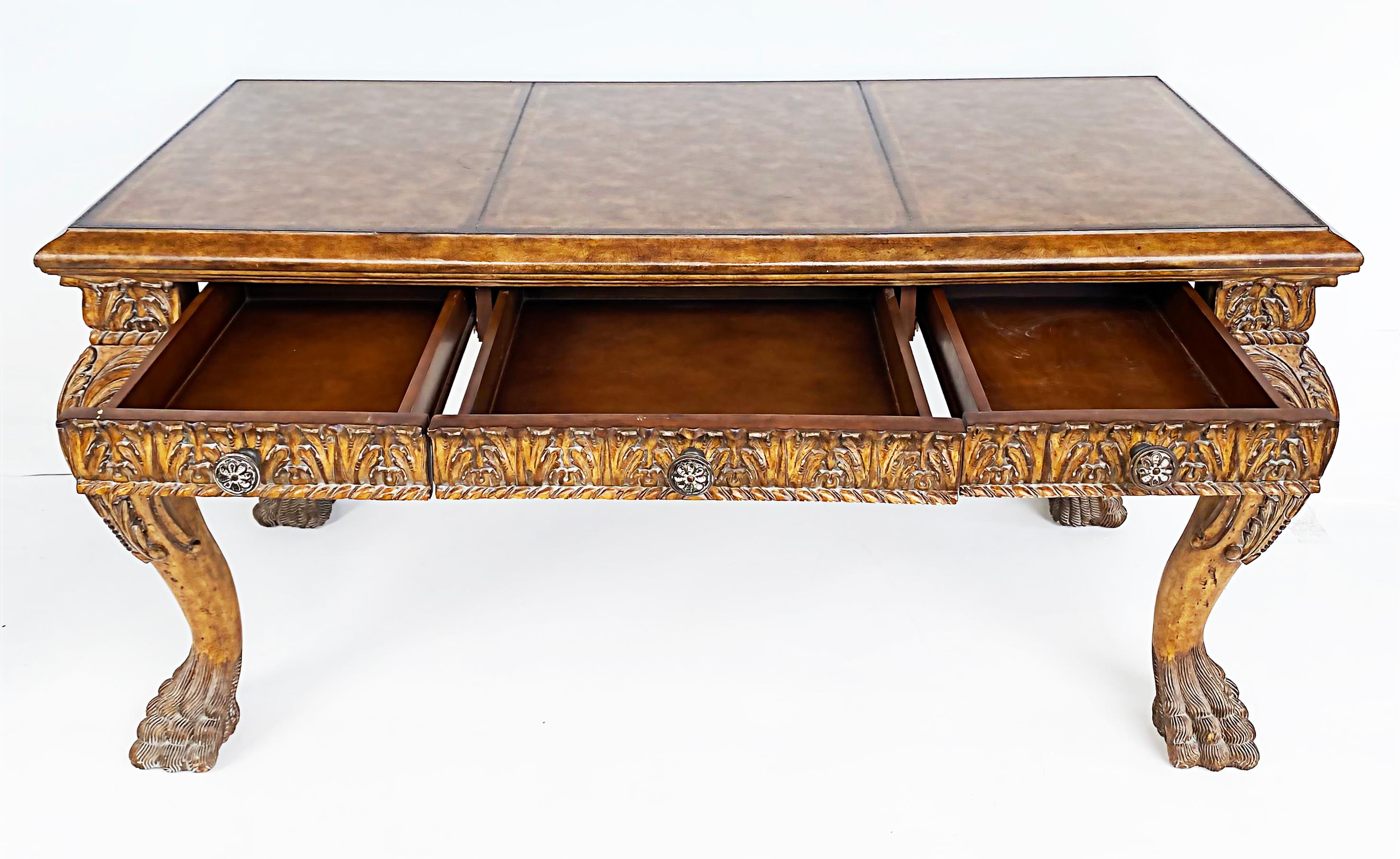Carved Gilt Leather Writing Desk with Hairy Paw Feet, Maitland-Smith Attributed 1