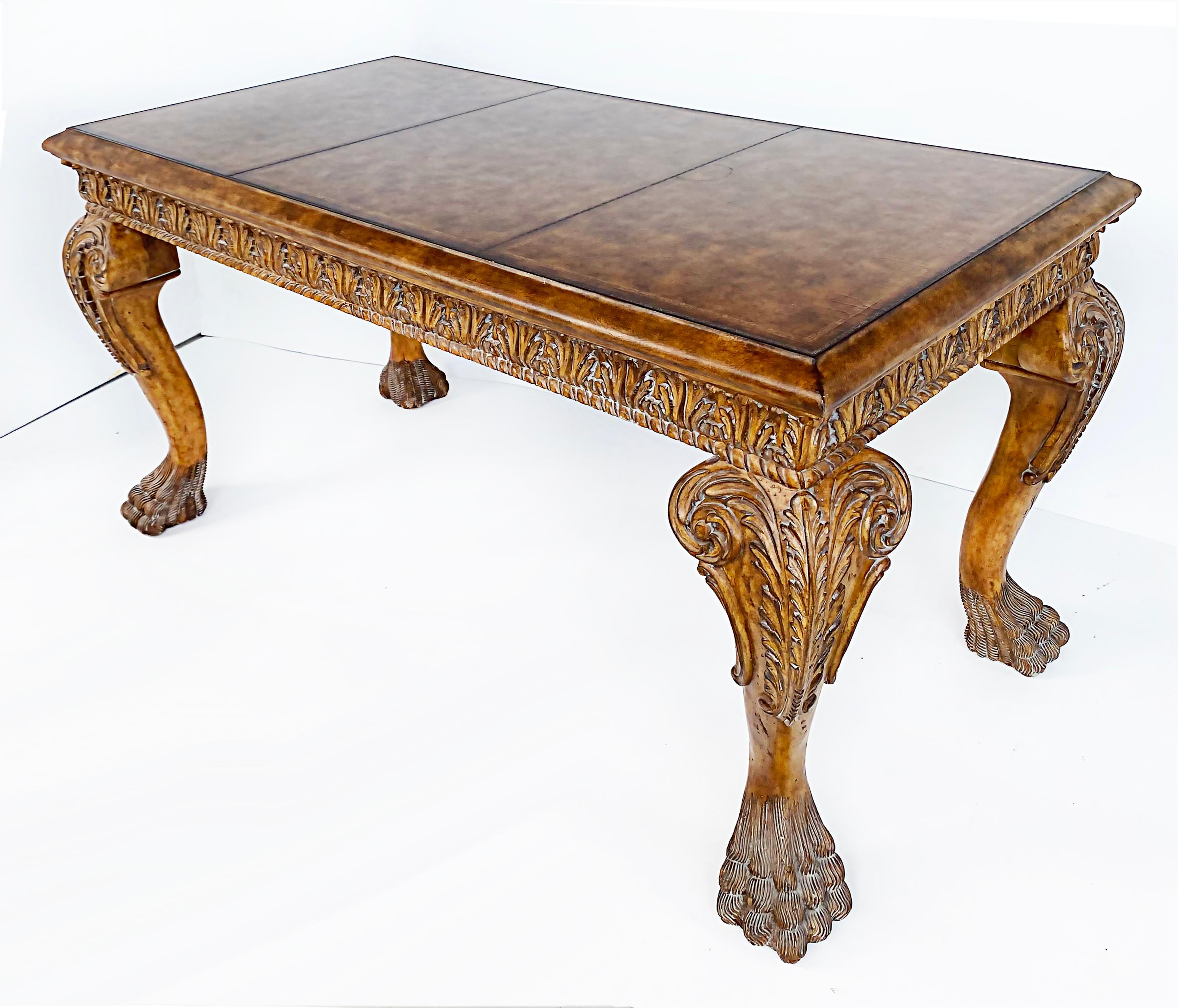 Carved Gilt Leather Writing Desk with Hairy Paw Feet, Maitland-Smith Attributed 3