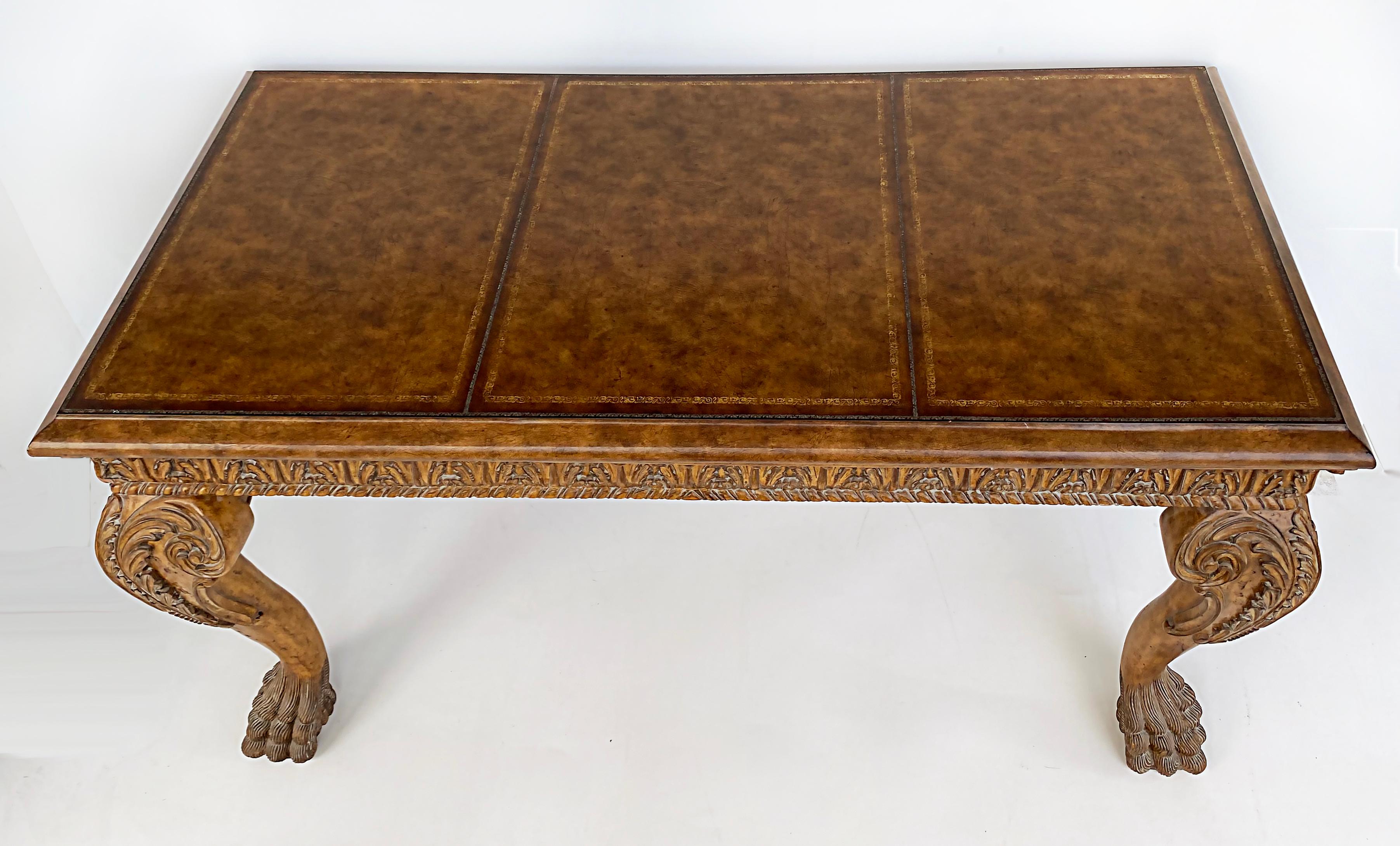 Carved Gilt Leather Writing Desk with Hairy Paw Feet, Maitland-Smith Attributed 4