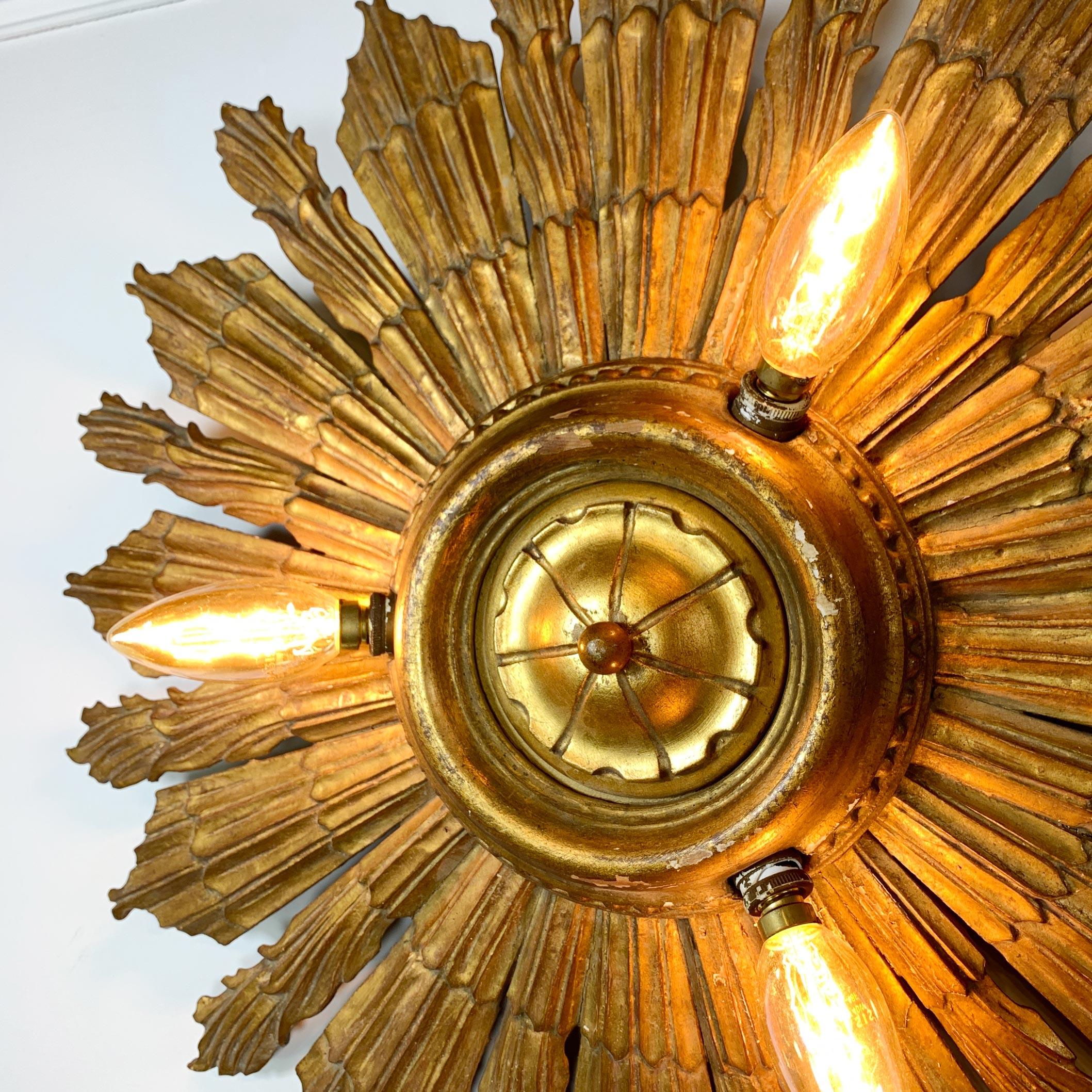 Carved Gold Gilt Wood Church Sunburst Light, circa 1920 For Sale 7