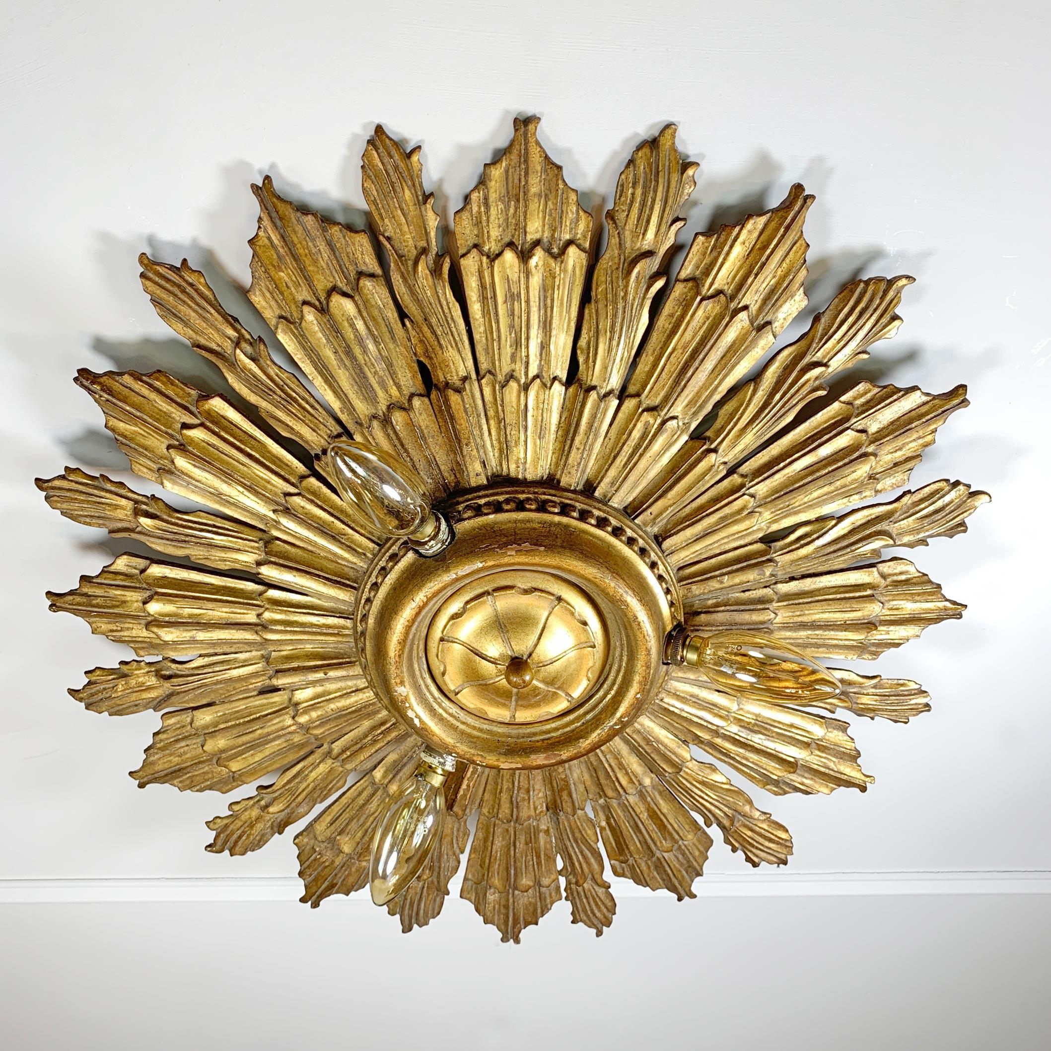Baroque Revival Carved Gold Gilt Wood Church Sunburst Light, circa 1920 For Sale