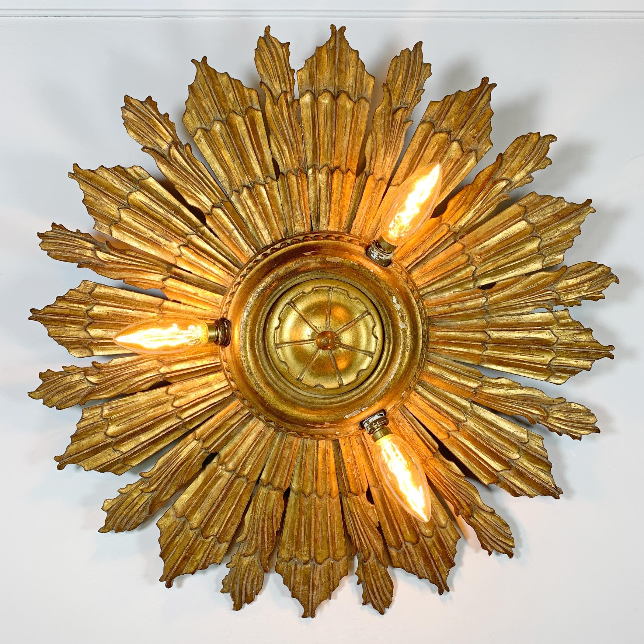 Belgian Carved Gold Gilt Wood Church Sunburst Light, circa 1920 For Sale