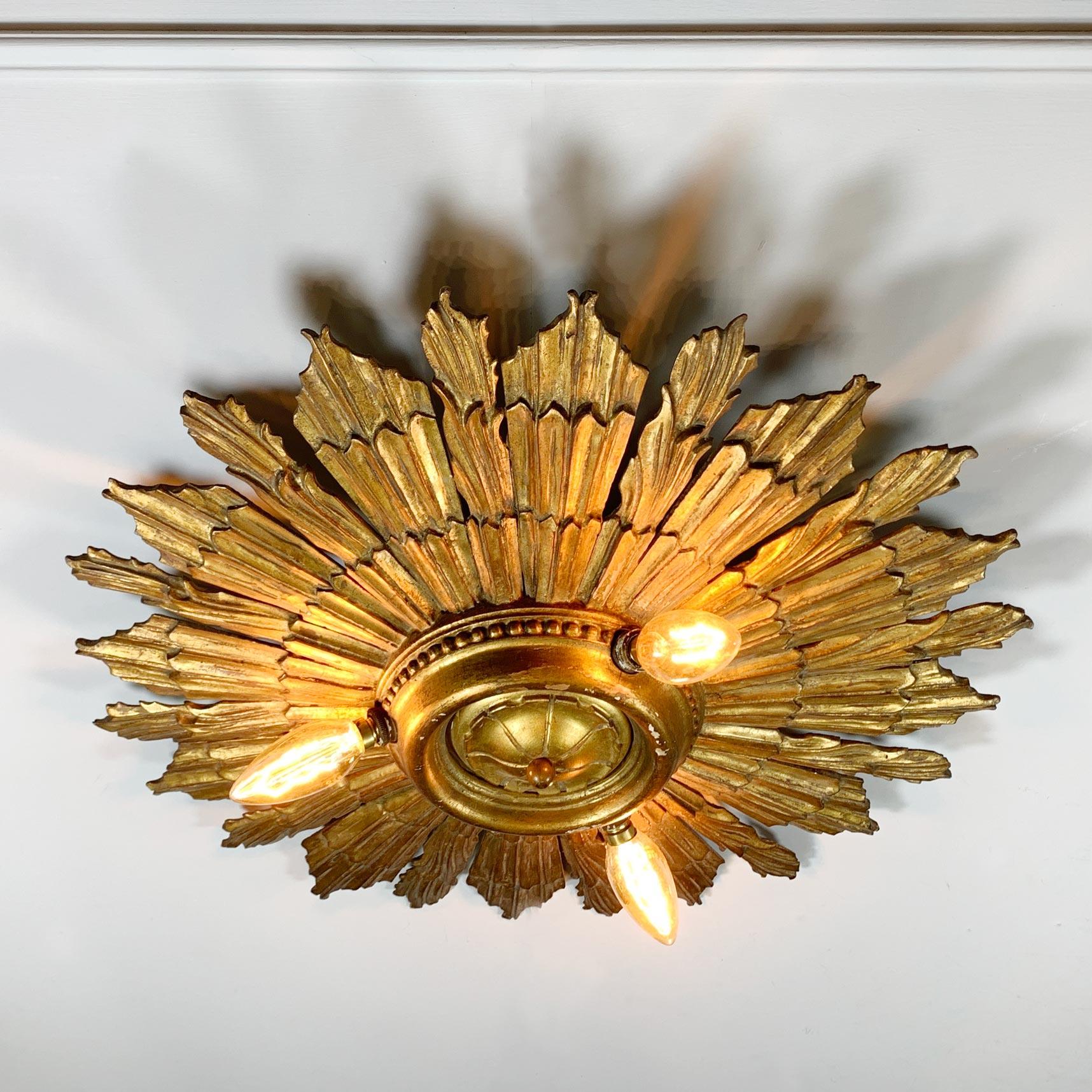 Carved Gold Gilt Wood Church Sunburst Light, circa 1920 For Sale 2