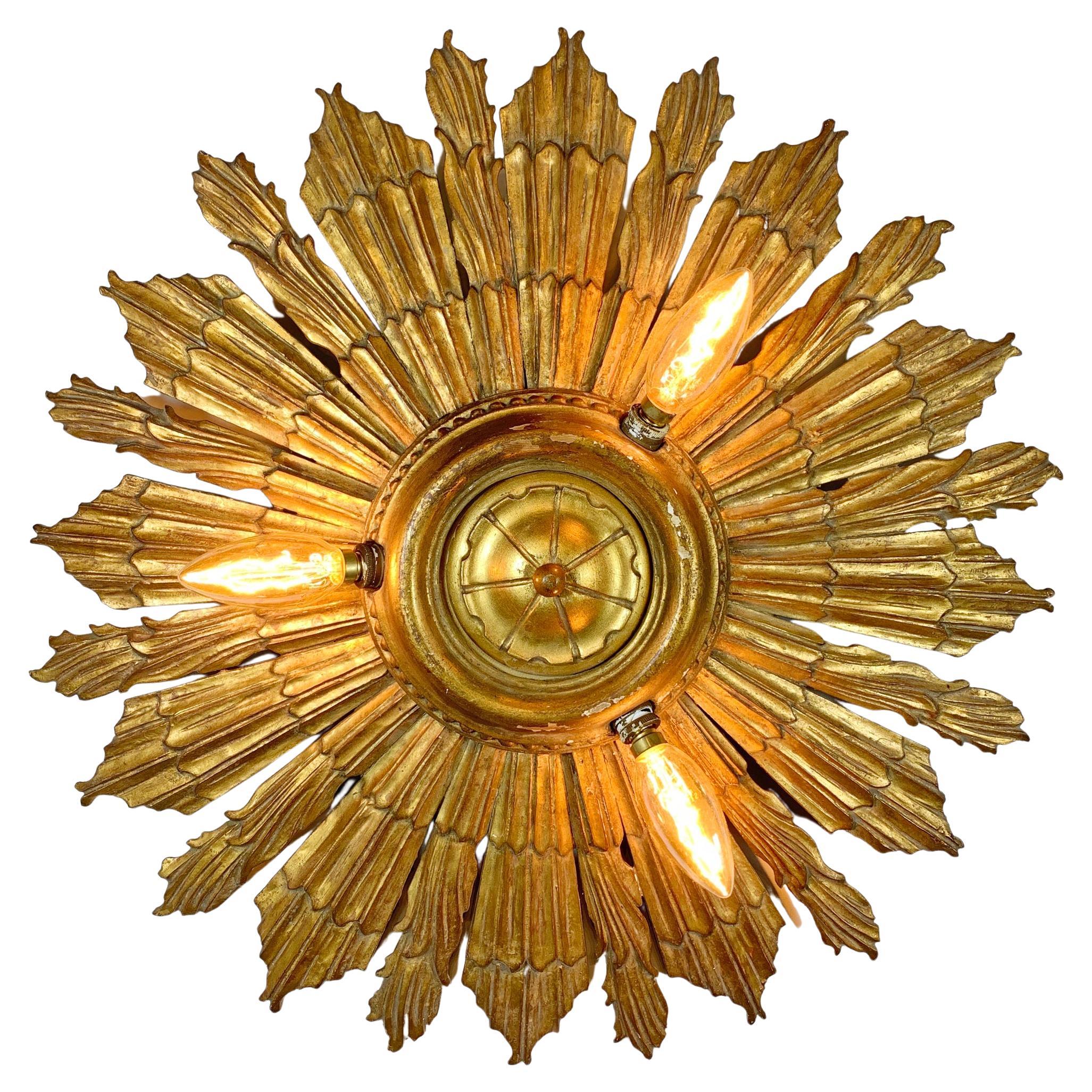 Carved Gold Gilt Wood Church Sunburst Light, circa 1920 For Sale