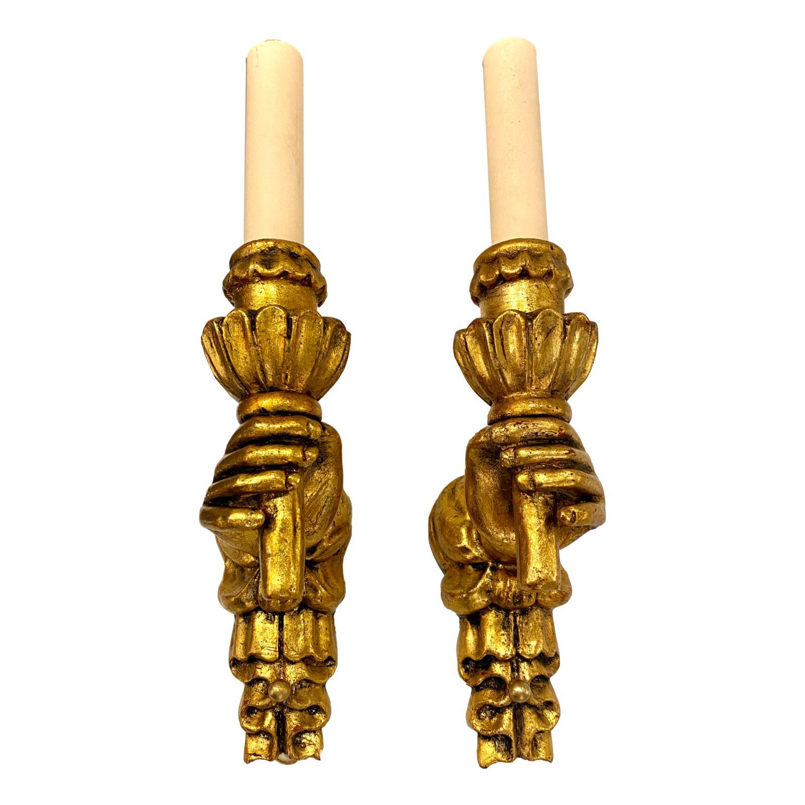 Italian Carved and Giltwood Hand Sconces For Sale
