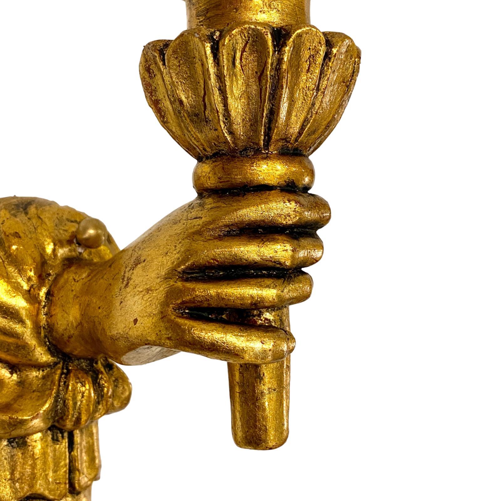 Carved and Giltwood Hand Sconces In Good Condition For Sale In New York, NY