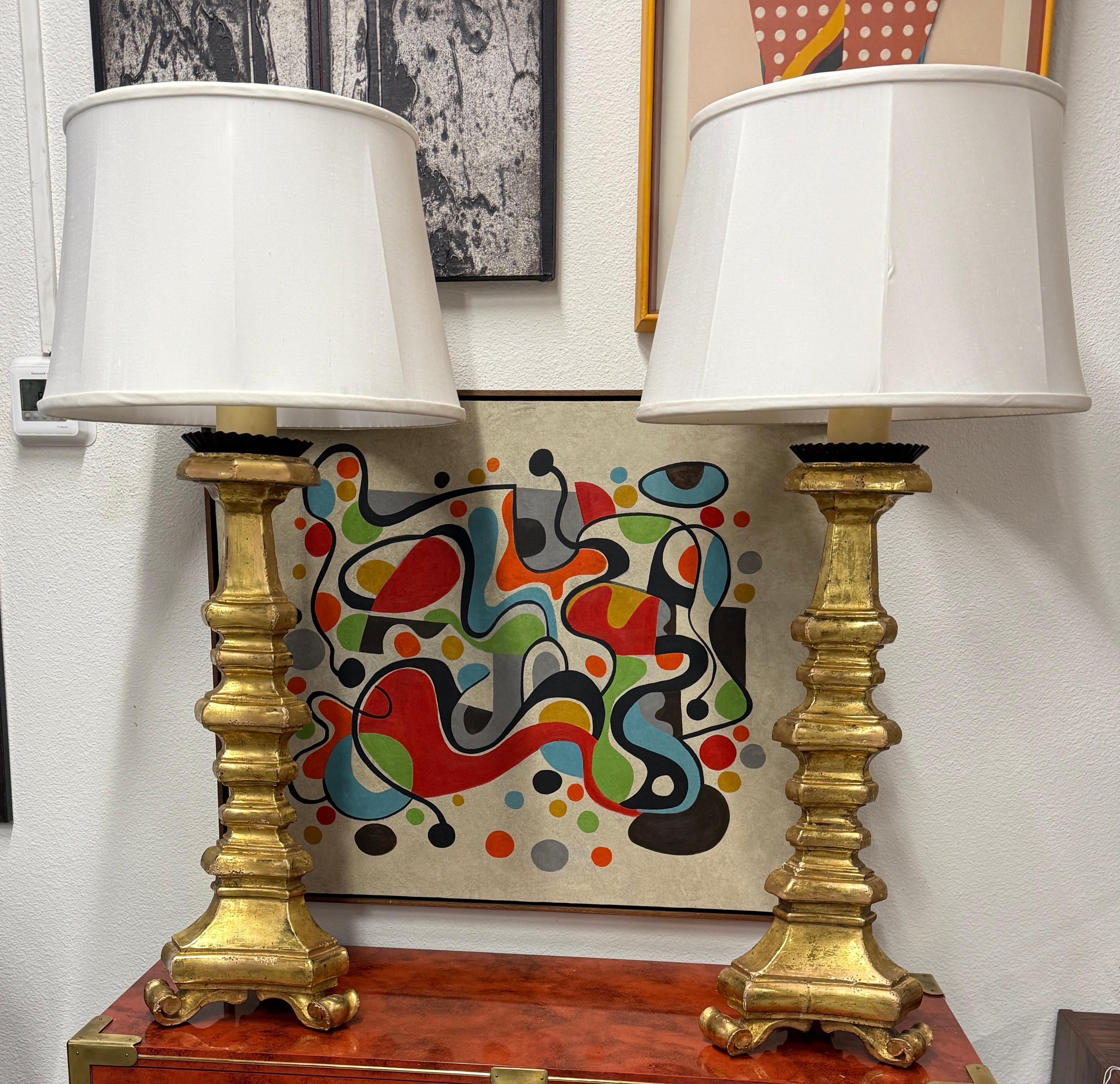 Hand-Crafted Carved Gilt Wood Italian Tall Lamps For Sale