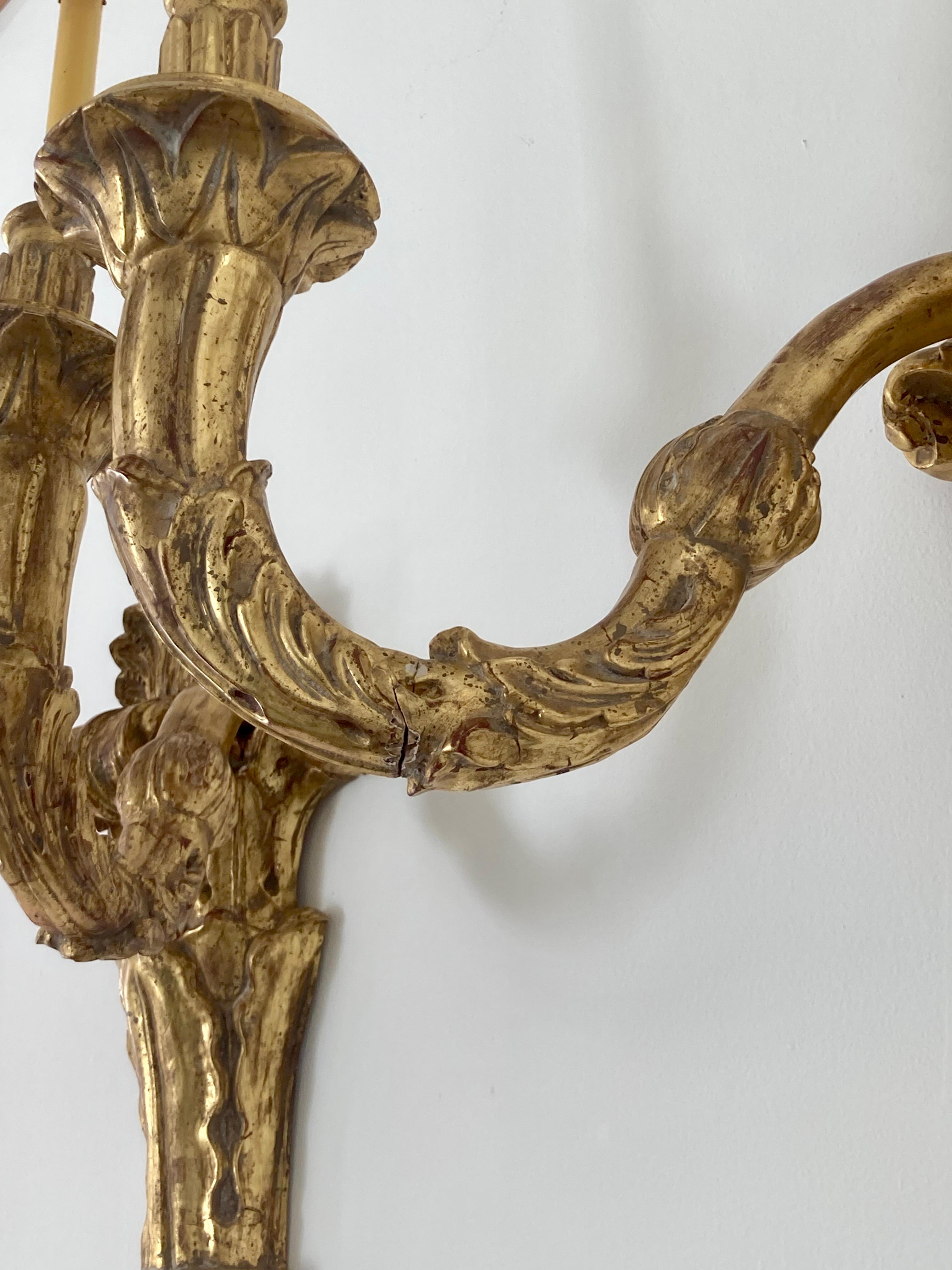Carved Gilt Wood Louis XVI Style Large Scale Wall Sconces, a Pair For Sale 5