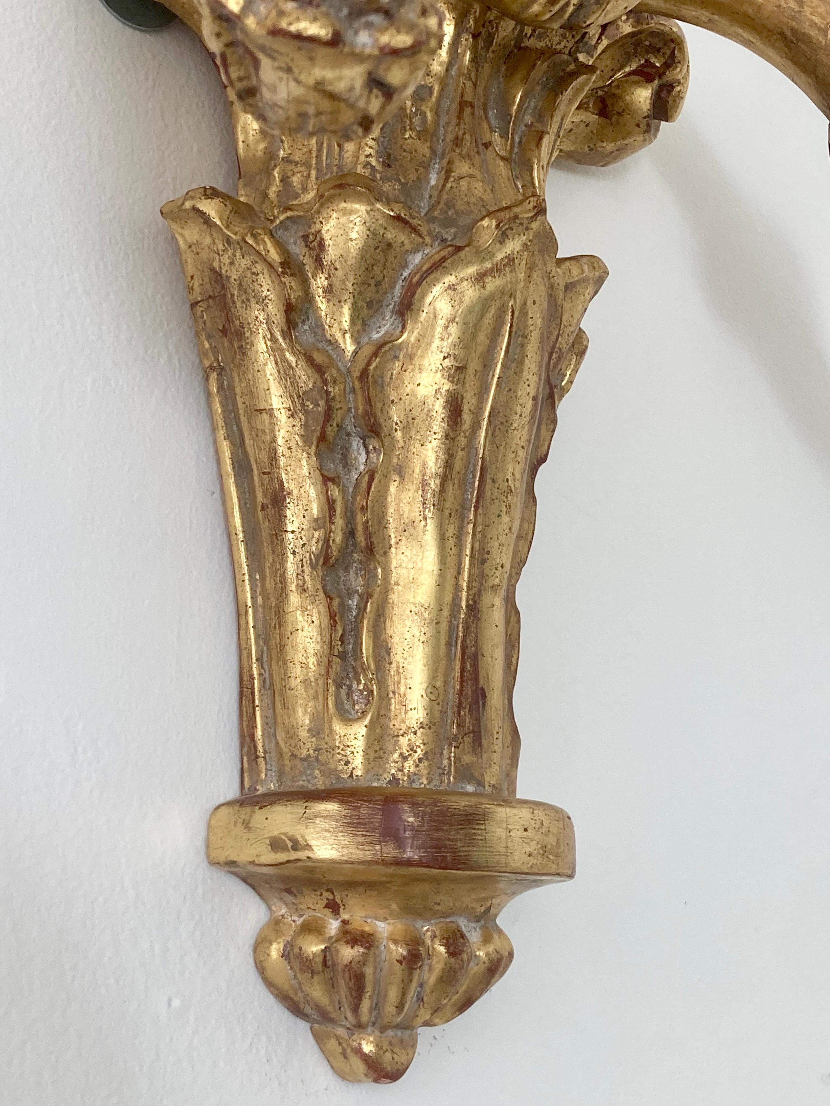 Carved Gilt Wood Louis XVI Style Large Scale Wall Sconces, a Pair For Sale 6