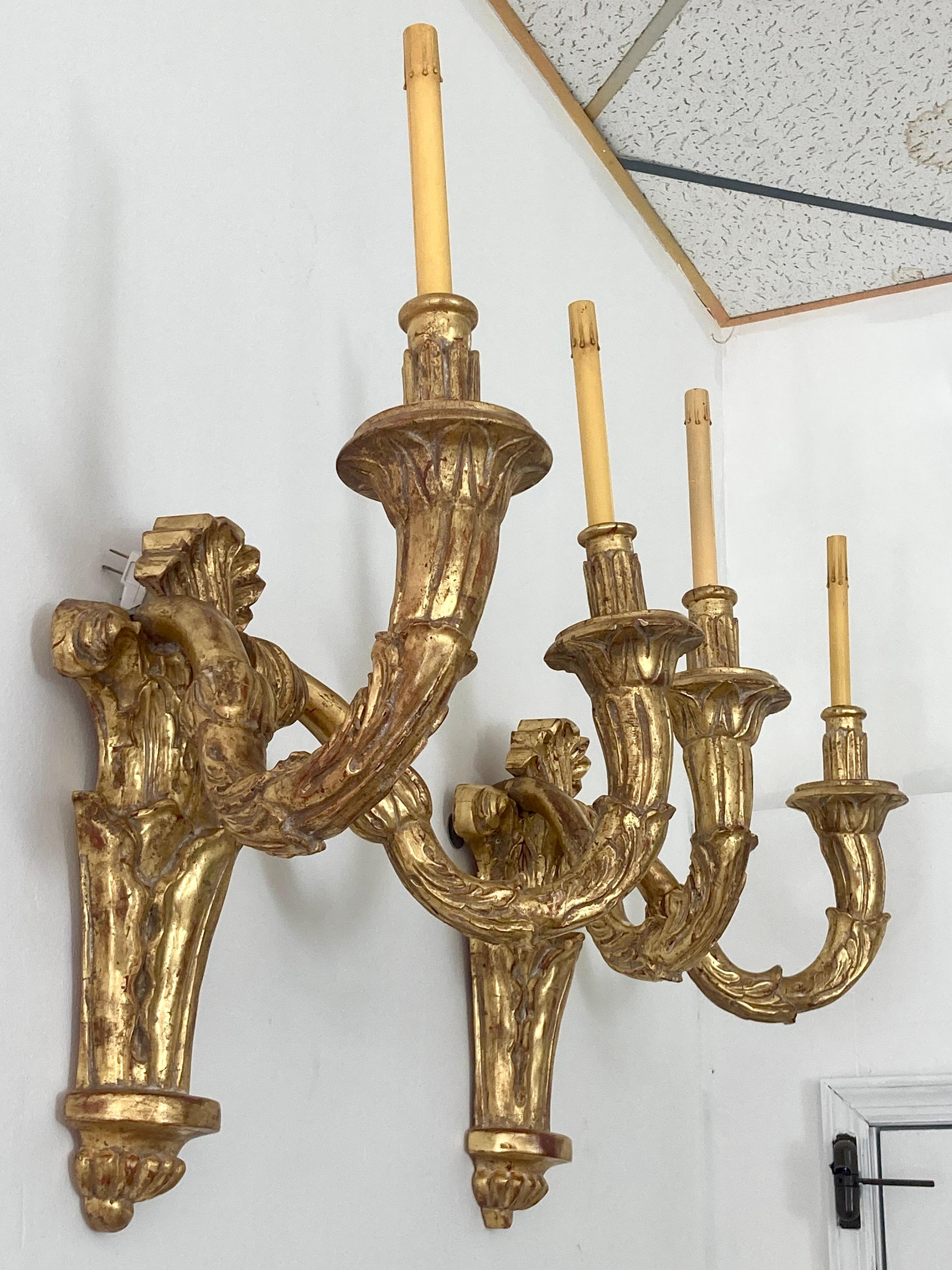 American Carved Gilt Wood Louis XVI Style Large Scale Wall Sconces, a Pair For Sale