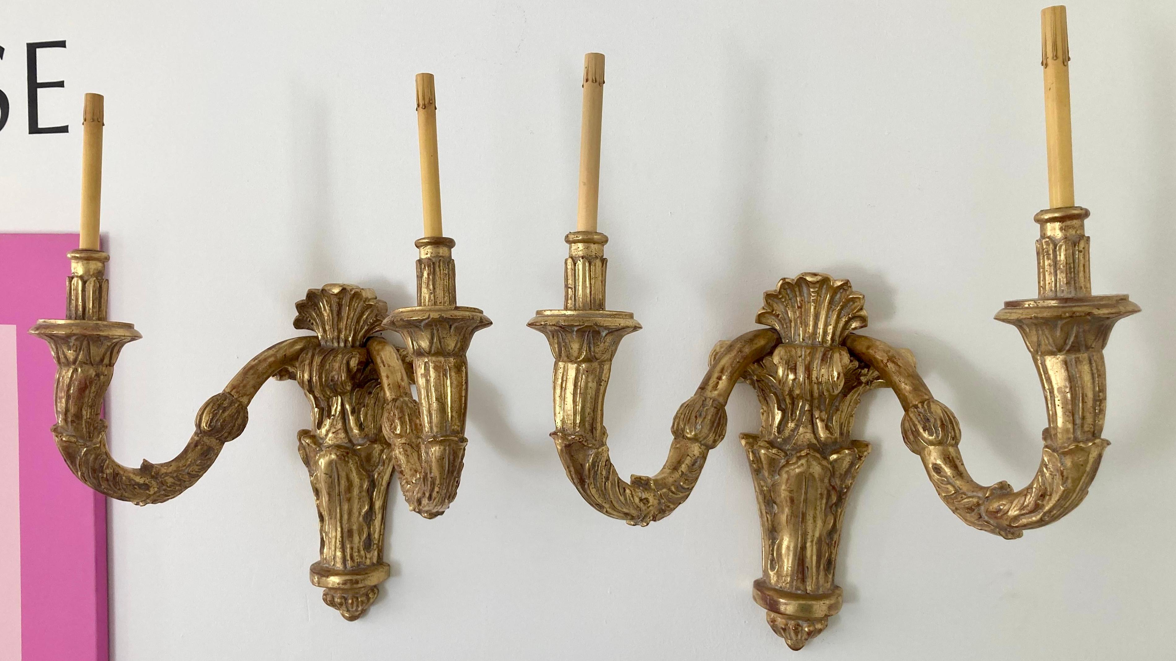 Carved Gilt Wood Louis XVI Style Large Scale Wall Sconces, a Pair In Good Condition For Sale In Los Angeles, CA