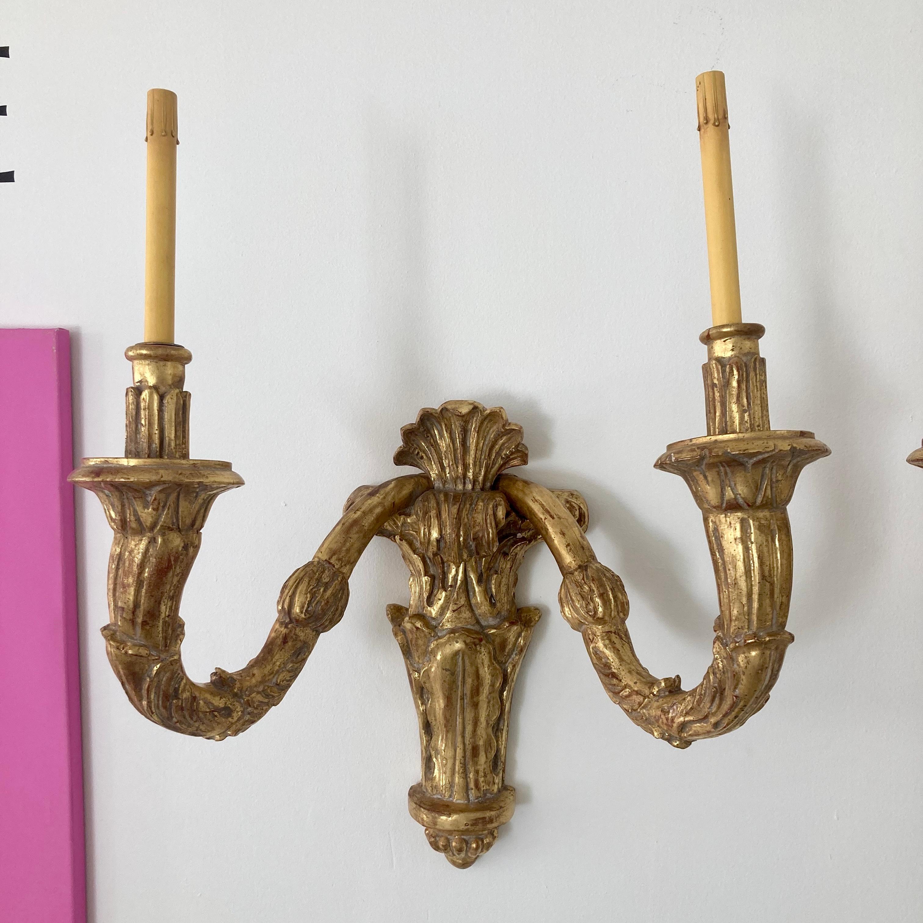 Contemporary Carved Gilt Wood Louis XVI Style Large Scale Wall Sconces, a Pair For Sale