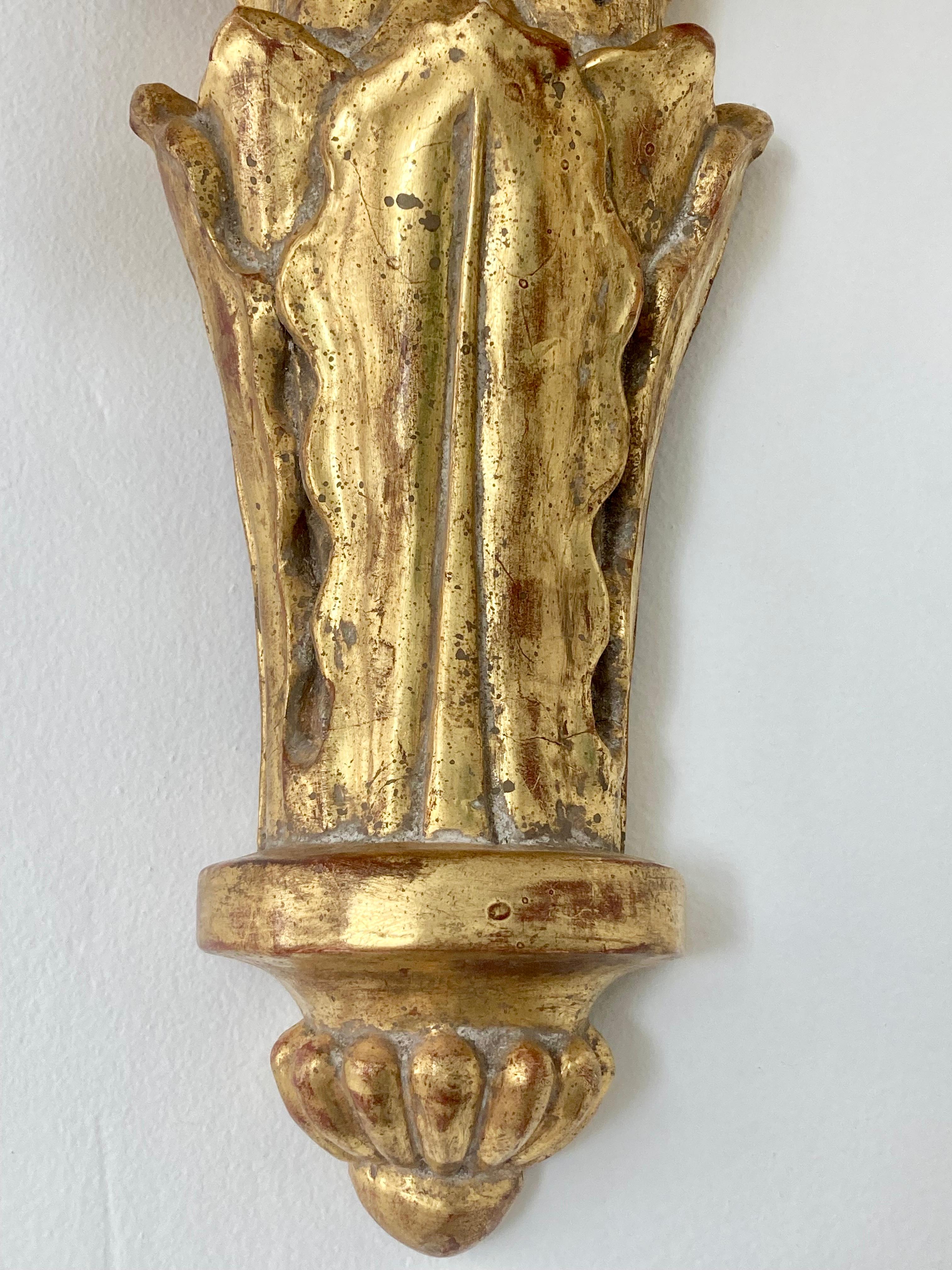 Carved Gilt Wood Louis XVI Style Large Scale Wall Sconces, a Pair For Sale 1