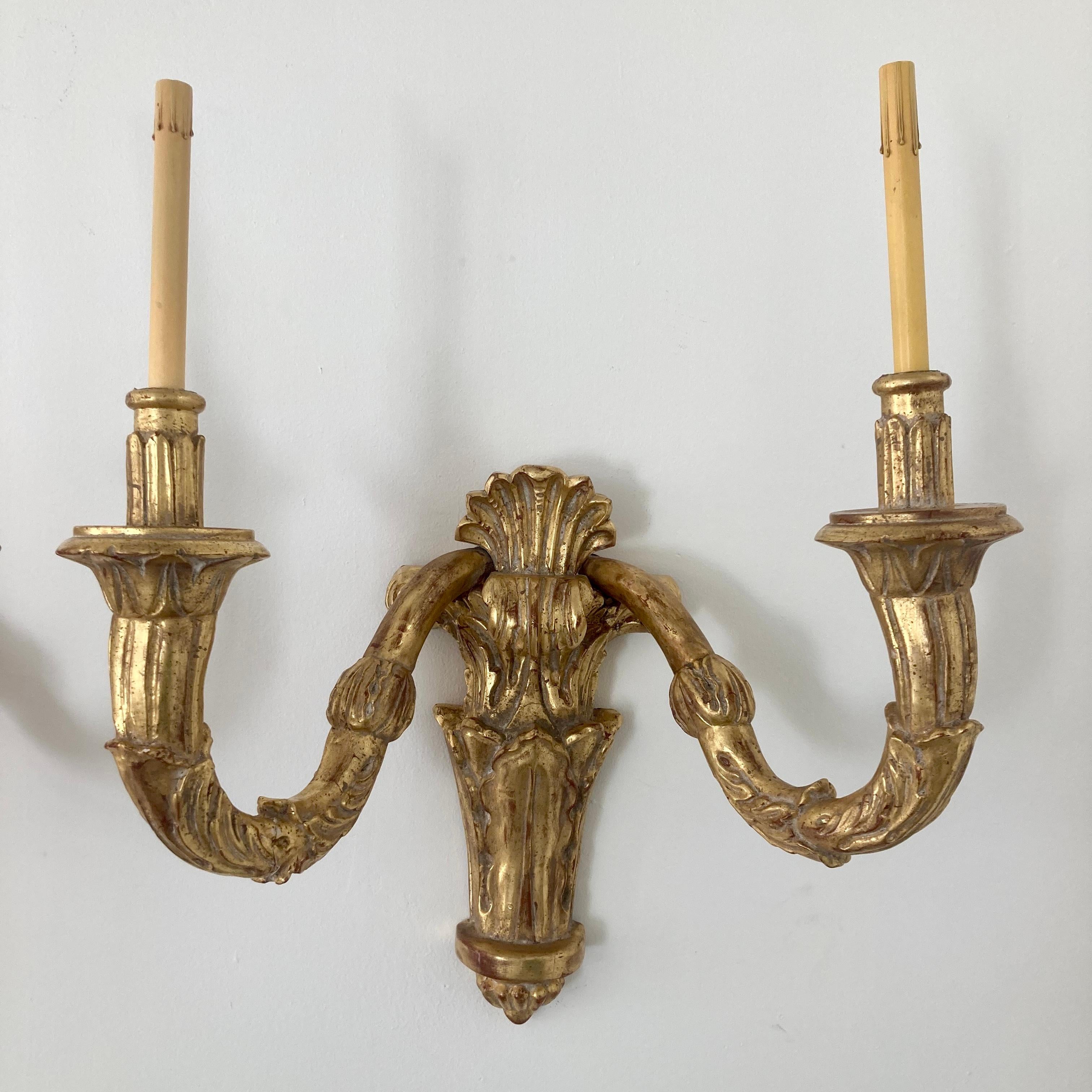 Carved Gilt Wood Louis XVI Style Large Scale Wall Sconces, a Pair For Sale 2