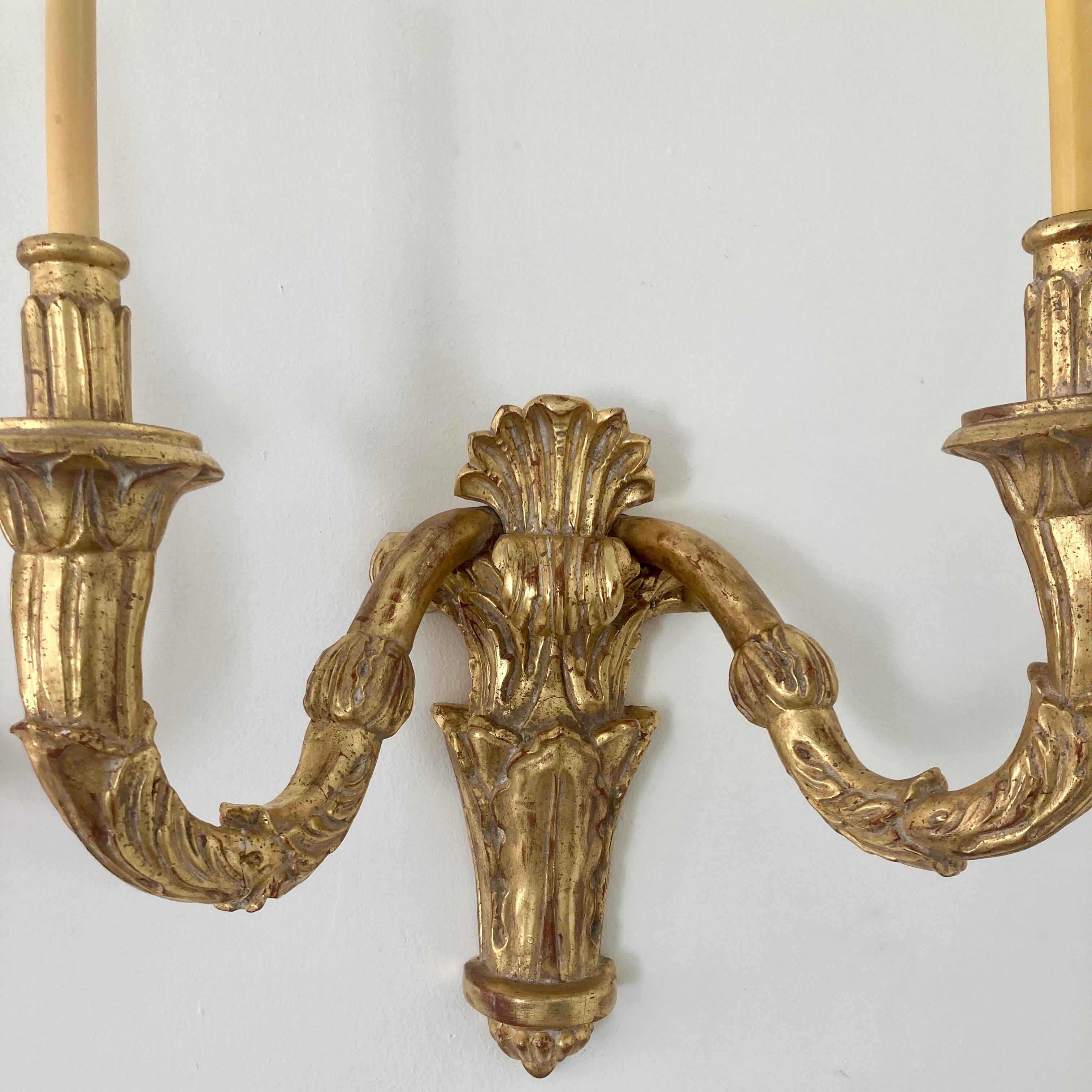 Carved Gilt Wood Louis XVI Style Large Scale Wall Sconces, a Pair For Sale 3