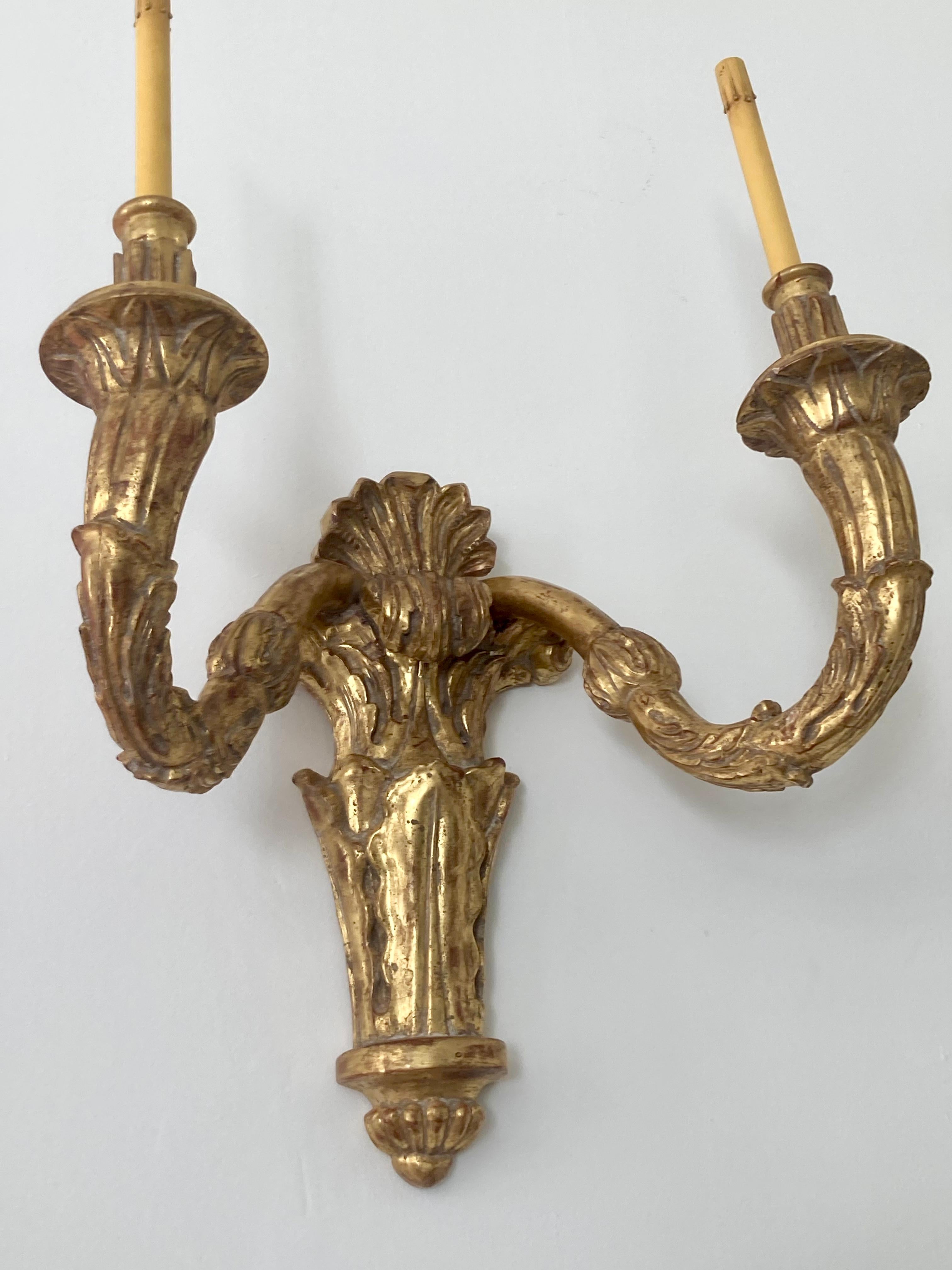 Carved Gilt Wood Louis XVI Style Large Scale Wall Sconces, a Pair For Sale 4