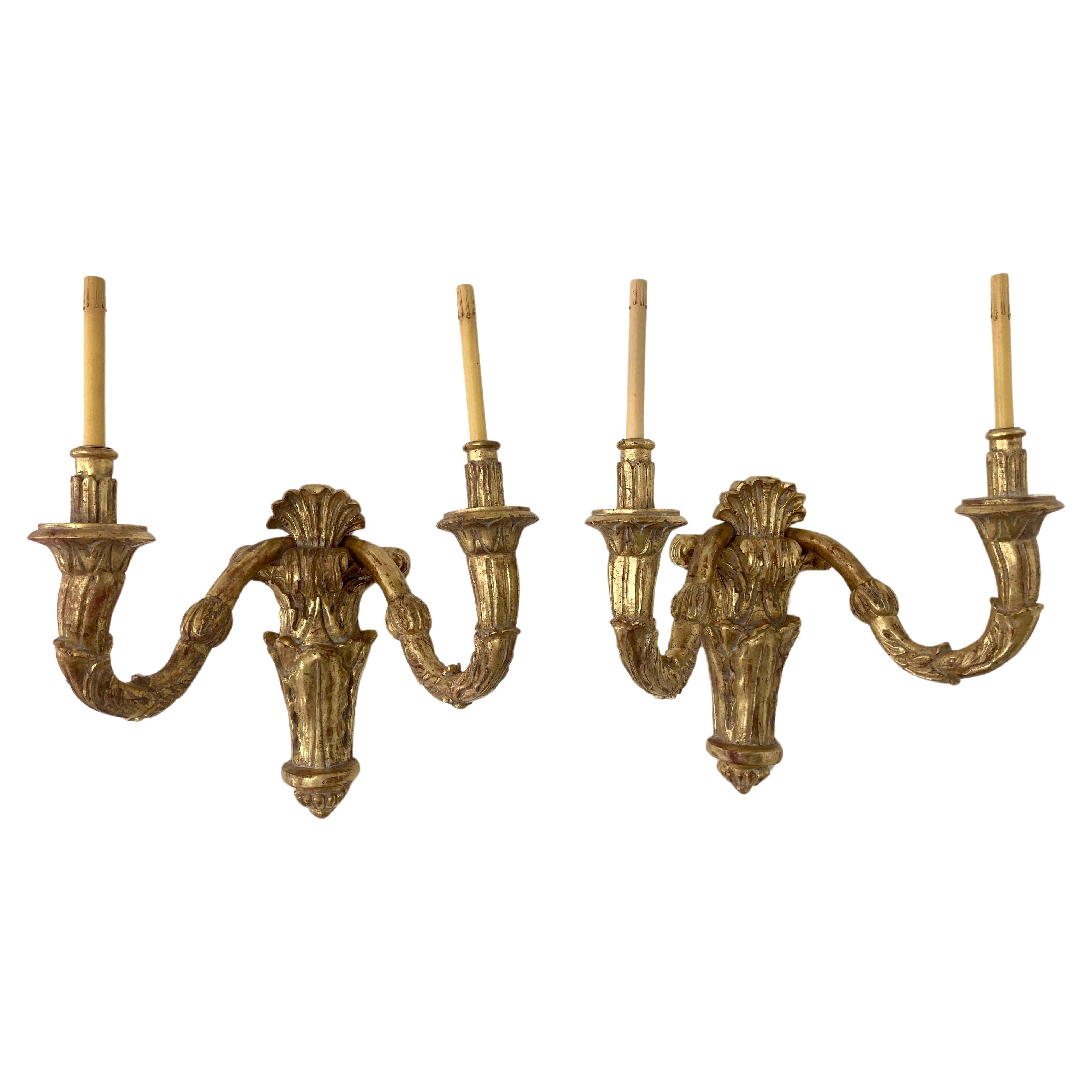 Carved Gilt Wood Louis XVI Style Large Scale Wall Sconces, a Pair For Sale