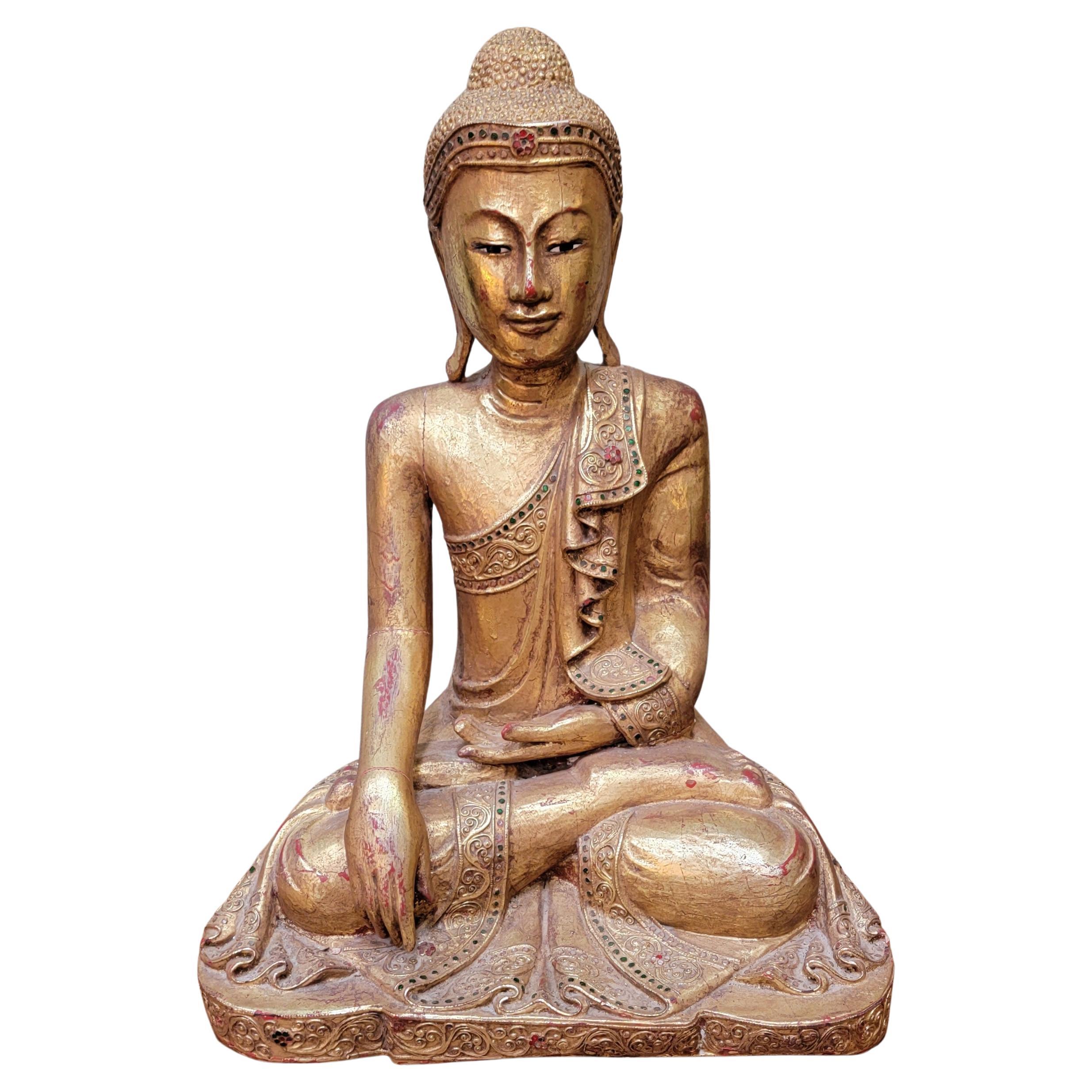 Carved Gilt Wood Seated Buddha with Glass Jewels