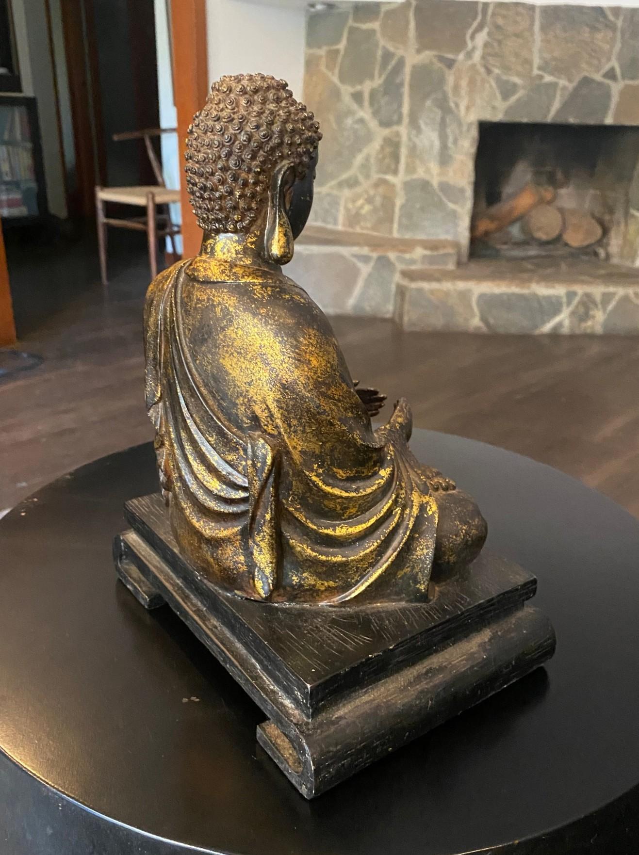 Estatua Escultura Buda Asiático Japonés Amida Nyorai Tallado Madera Dorada Sentado en venta 7