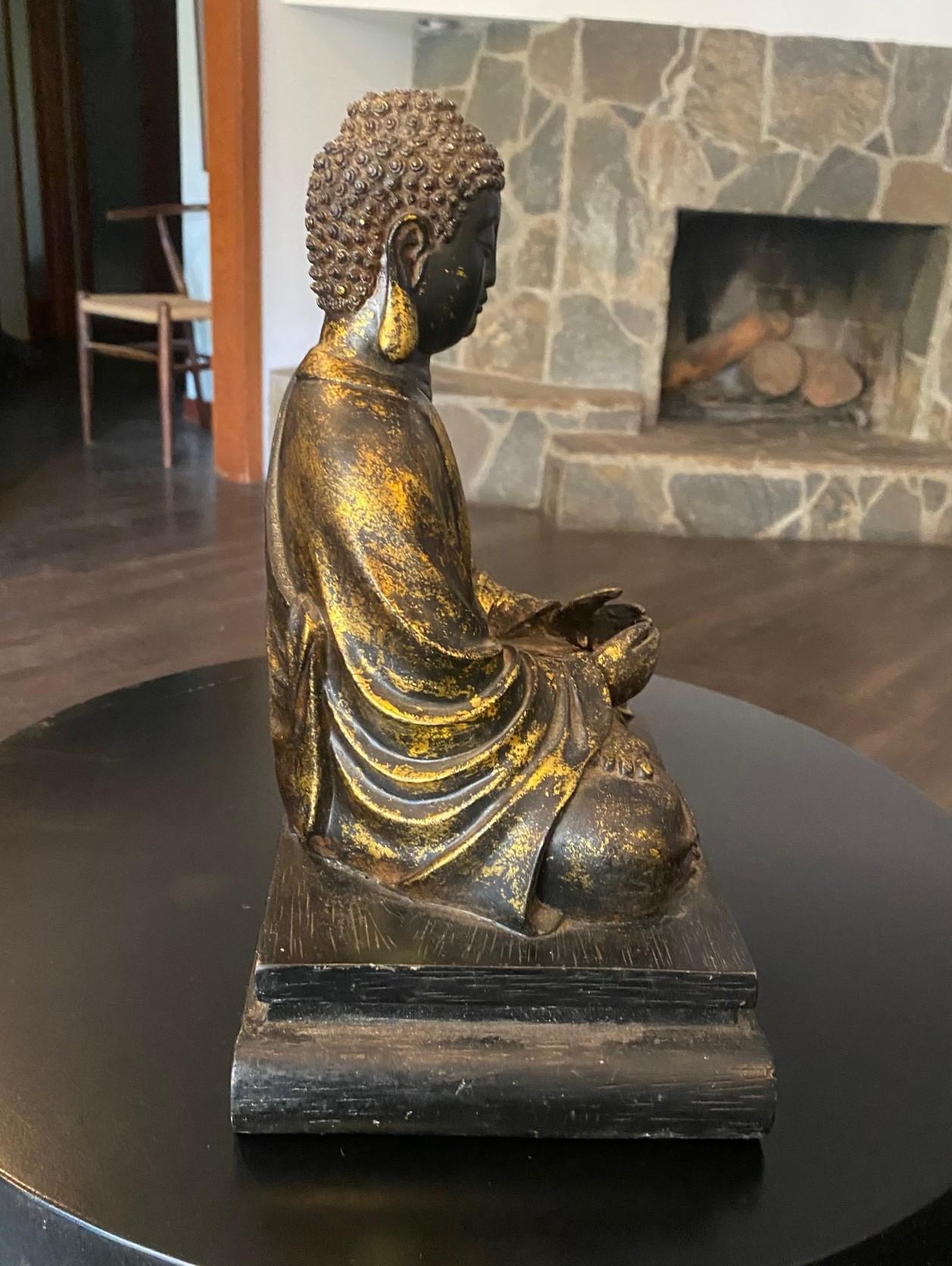 Estatua Escultura Buda Asiático Japonés Amida Nyorai Tallado Madera Dorada Sentado en venta 8