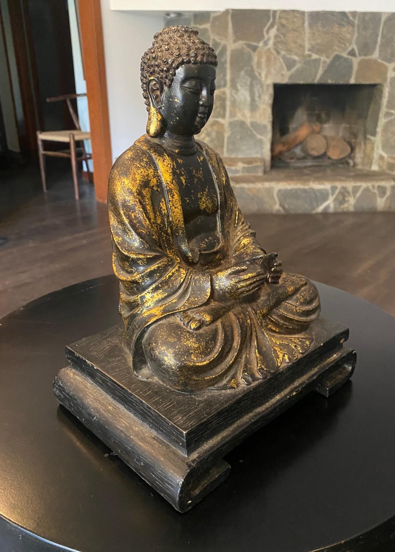 Estatua Escultura Buda Asiático Japonés Amida Nyorai Tallado Madera Dorada Sentado en venta 9